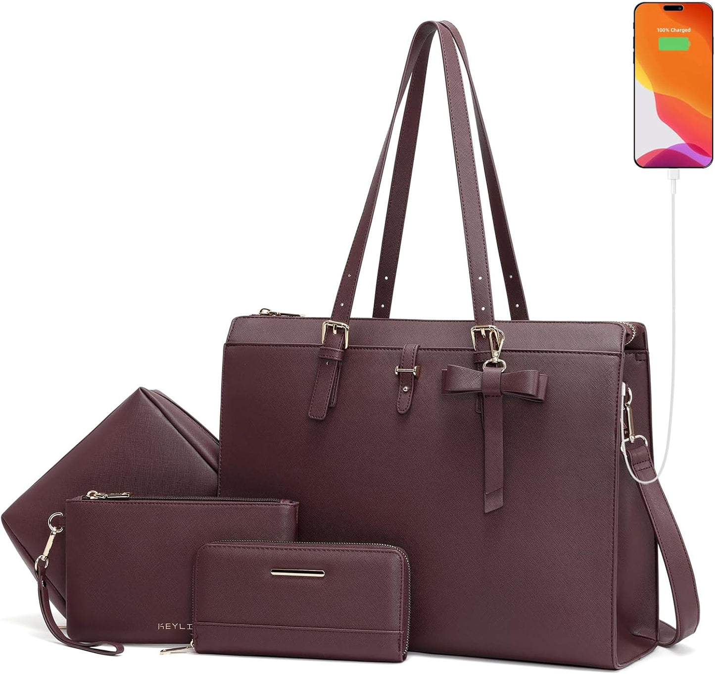 Keyli 4pc Laptop Bag Set for Women with USB Charging Port
