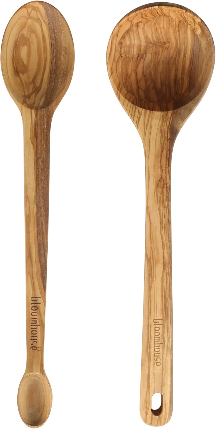 Italian Olive Wood Kitchen Utensil Set - 14-Inch Ladle & Spoon