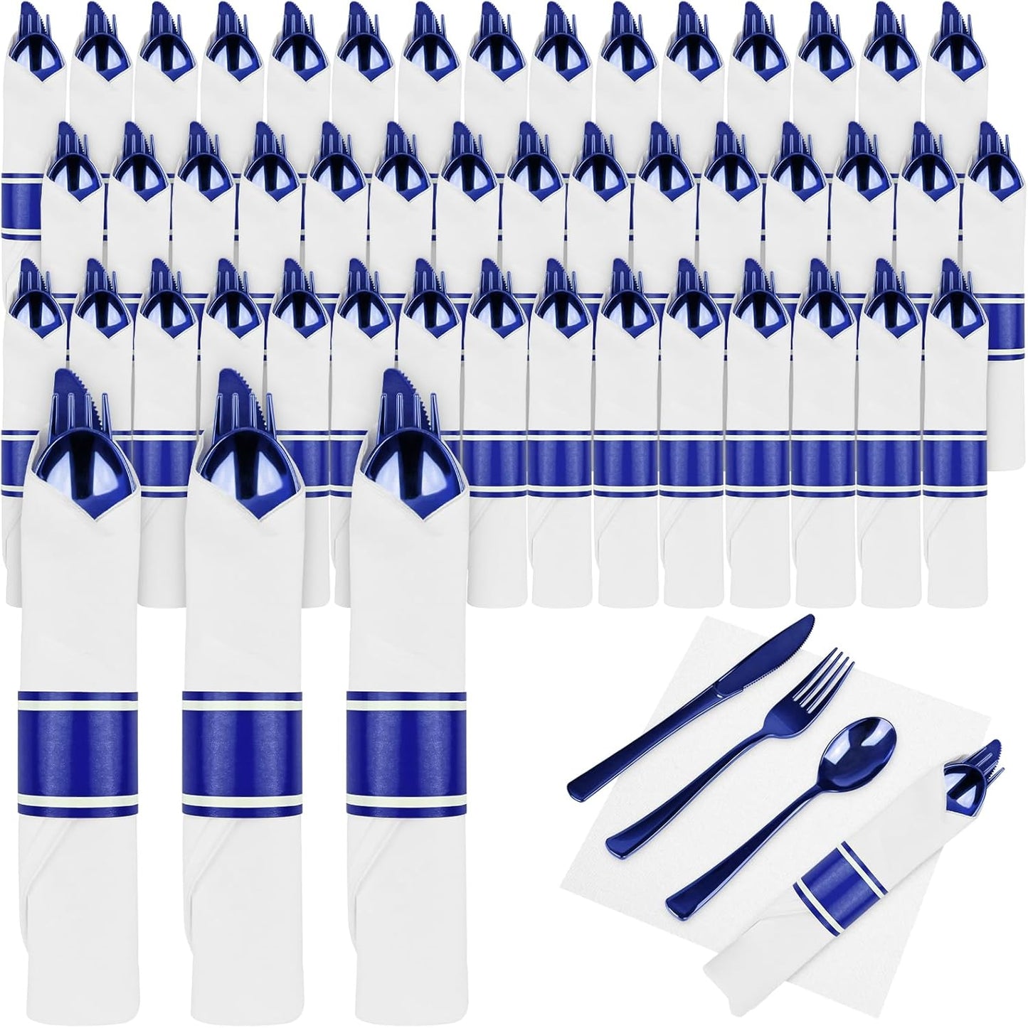 100Pack Blue Pre Rolled Plastic Silverware for Elegant Events