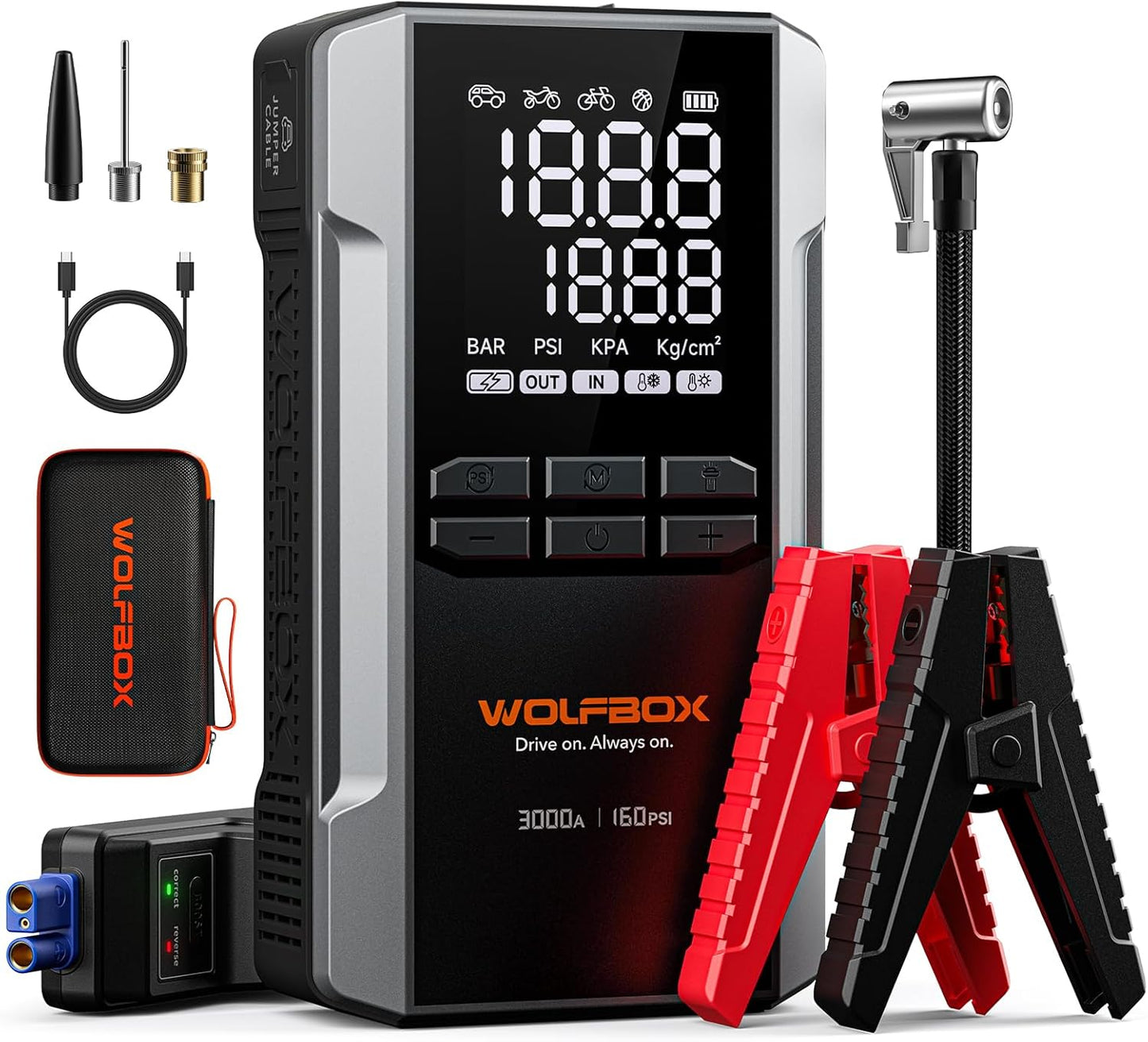 Portable 16000mAh Jump Starter with Air Compressor - WOLFBOX 3000A