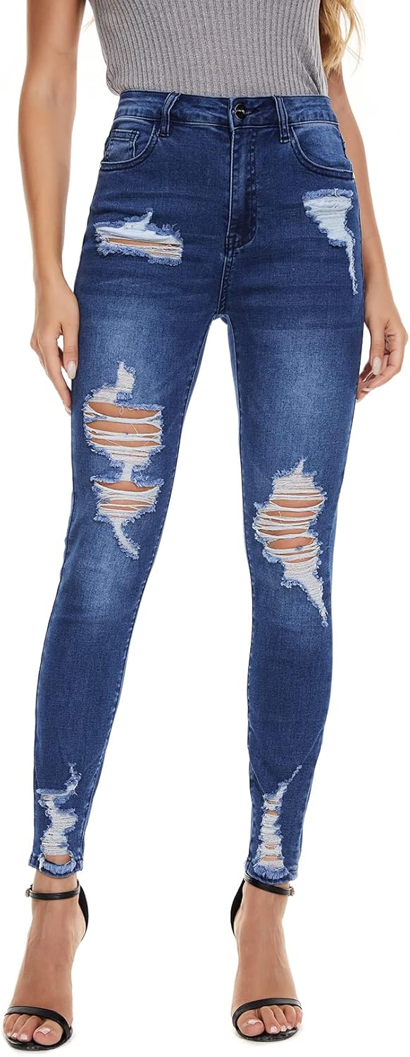High Waisted Skinny Jeans for Women - Distressed Slim Fit Denim