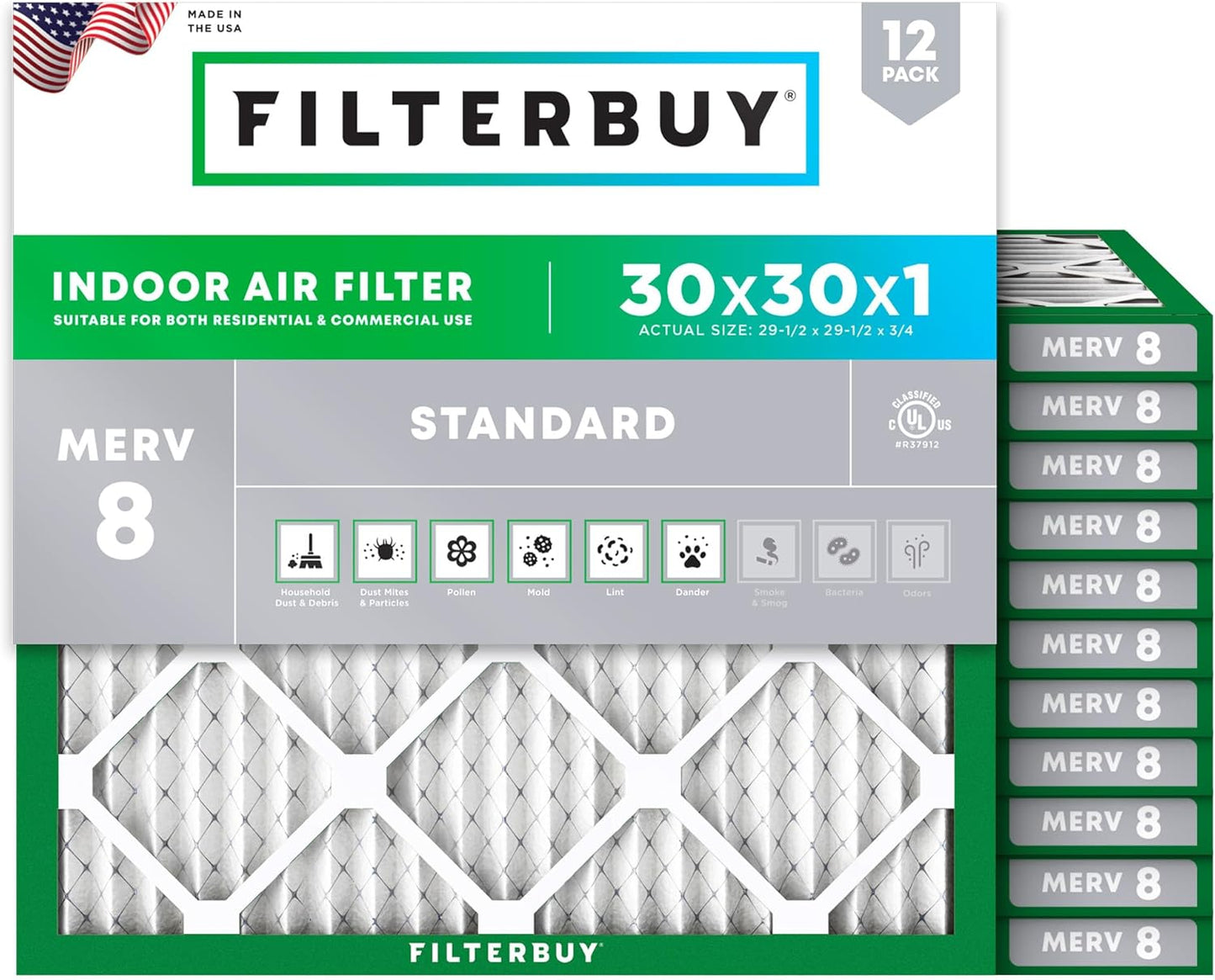 Filterbuy 30x30x1 Air Filter MERV 8 for HVAC Systems