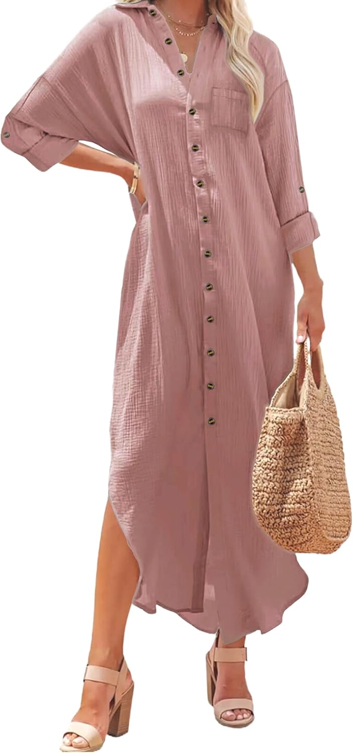 Kuraki Women's Casual Print Maxi Shirt Dress for Effortless Style