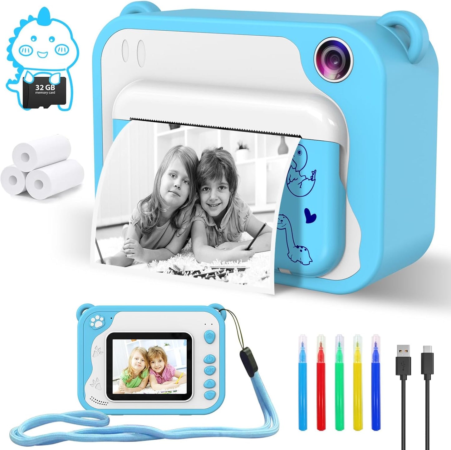 Instant Print Kids Camera with 32GB SD - Fun & Creative Gift!