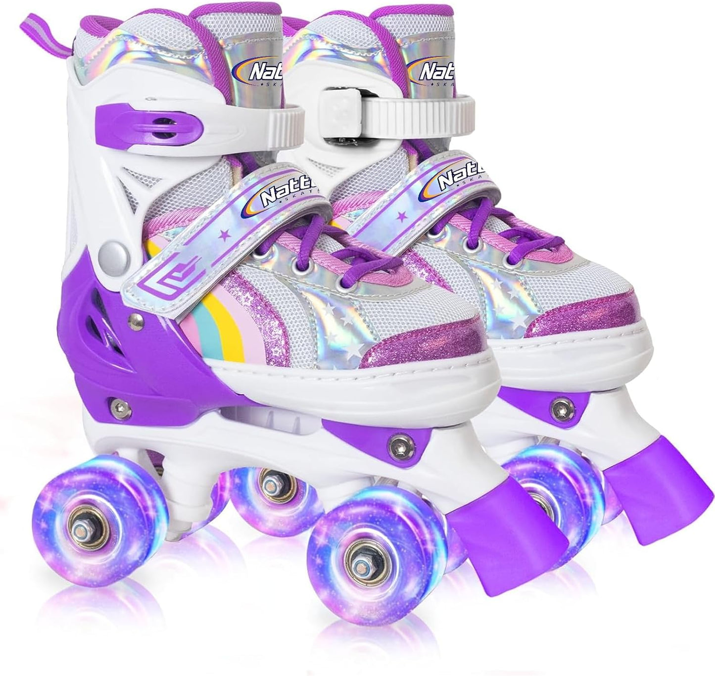 Nattork Girls Roller Skates for Kids - Adjustable Rainbow Quad Skates