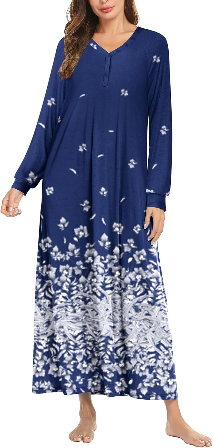 Ekouaer Nightgown Long Sleeve V Neck Loungewear for Women