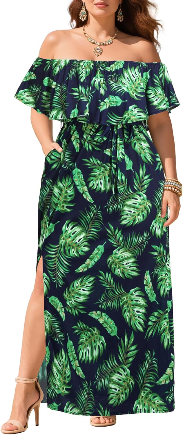 Plus Size Off The Shoulder Maxi Dress with Pockets for Women