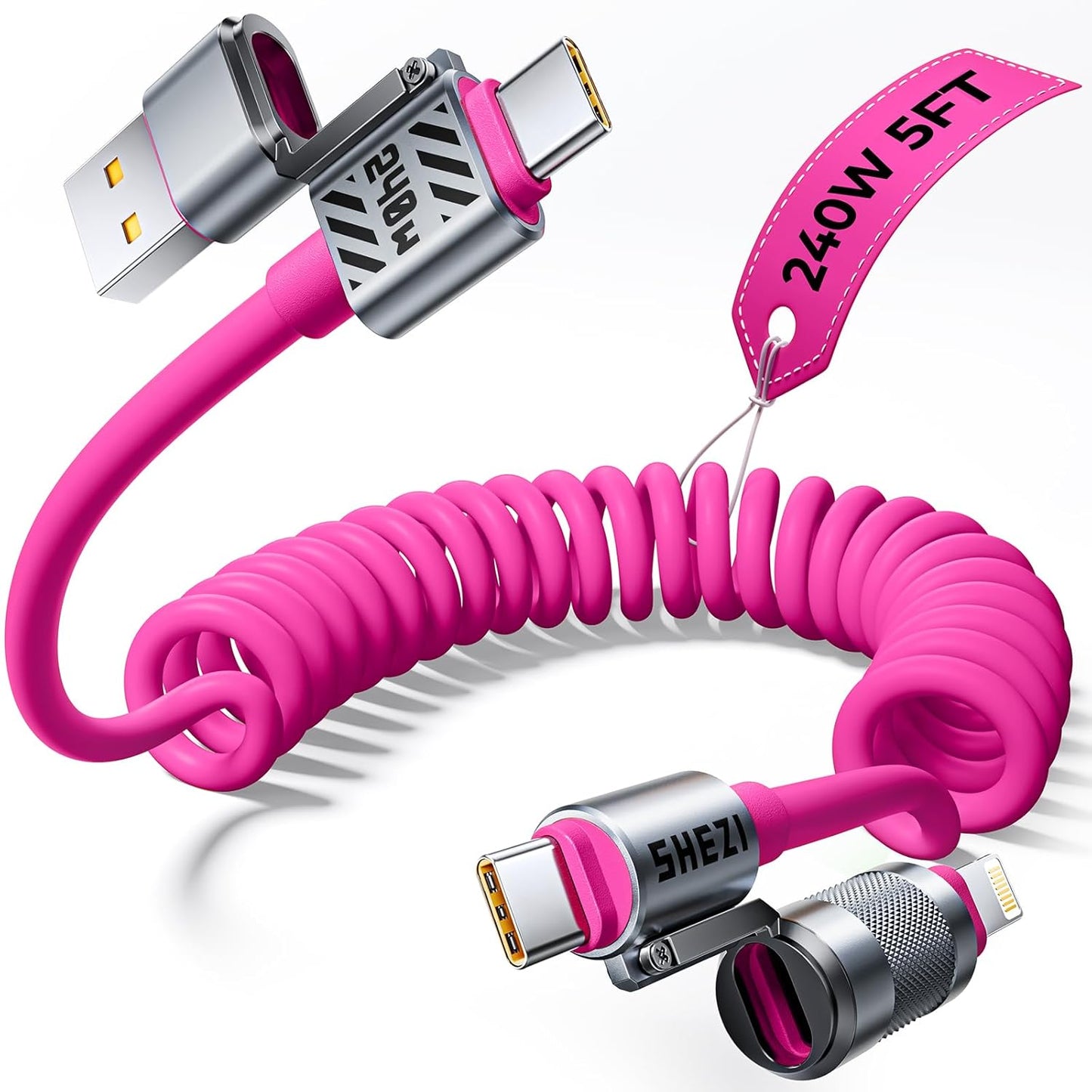 Coiled Pink Cable 4-in-1 USB C Charger for Fast Charging