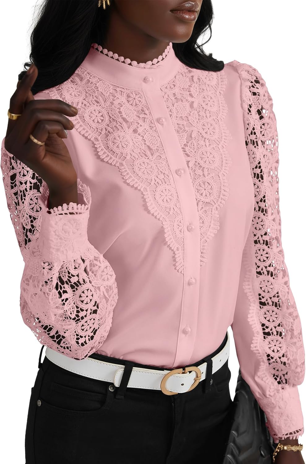 Elegant Women's Lace Crochet Mock Neck Long Sleeve Blouse Top