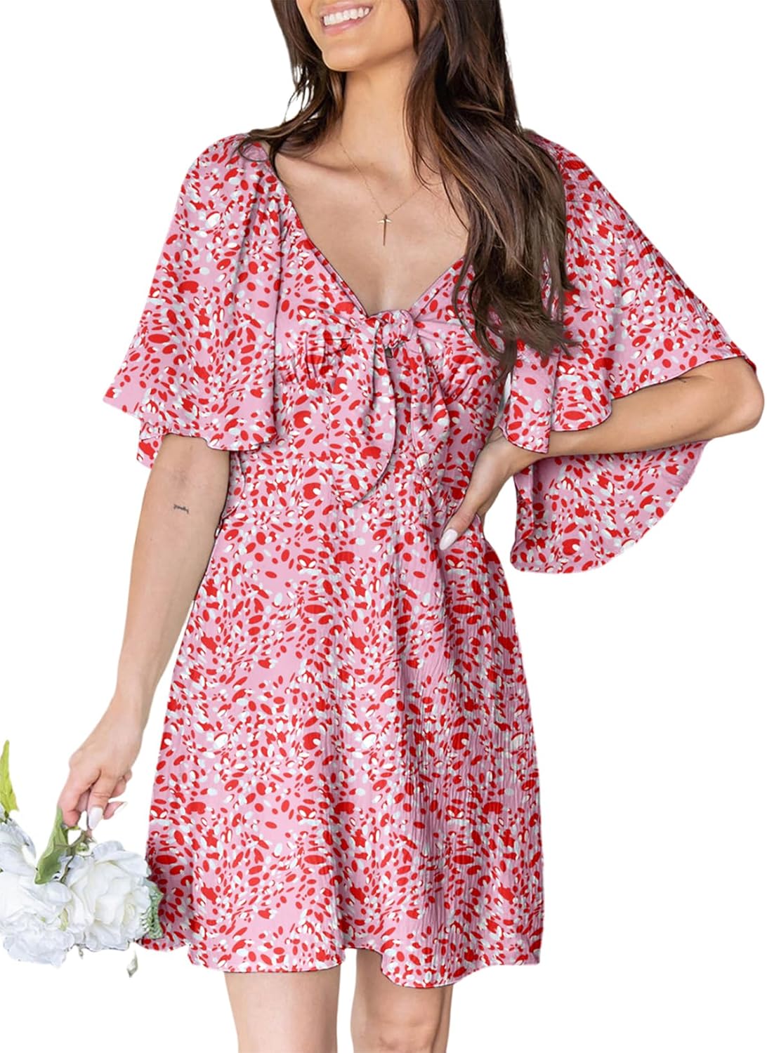 Dokotoo Womens Dresses Deep V Neck Elegant Bow Tie Mini Dress
