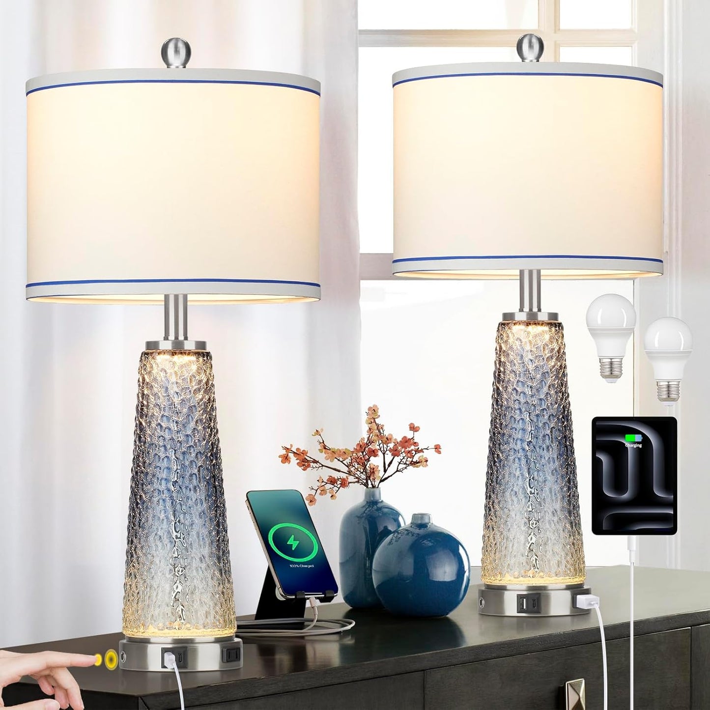 Coastal Glass Table Lamps with USB Ports for Modern Living Rooms