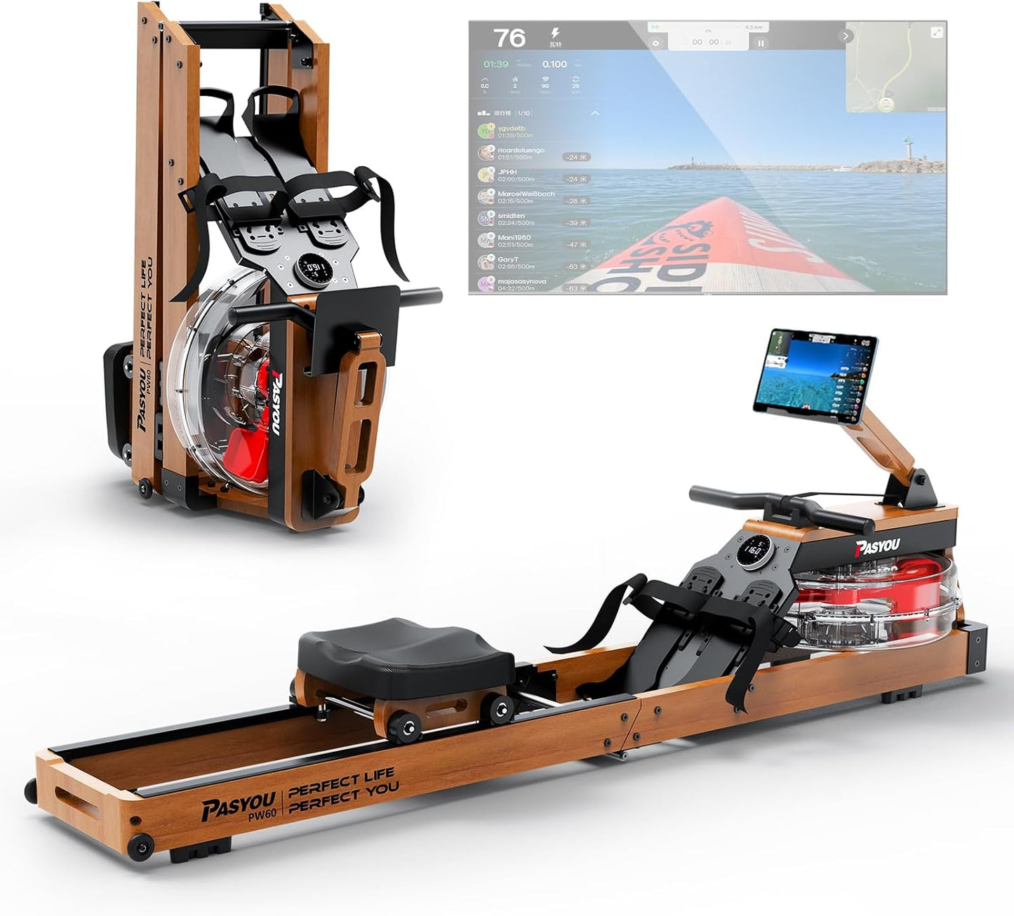 PASYOU Oak Wood Water Rowing Machine: 6 Levels, 330LB Capacity