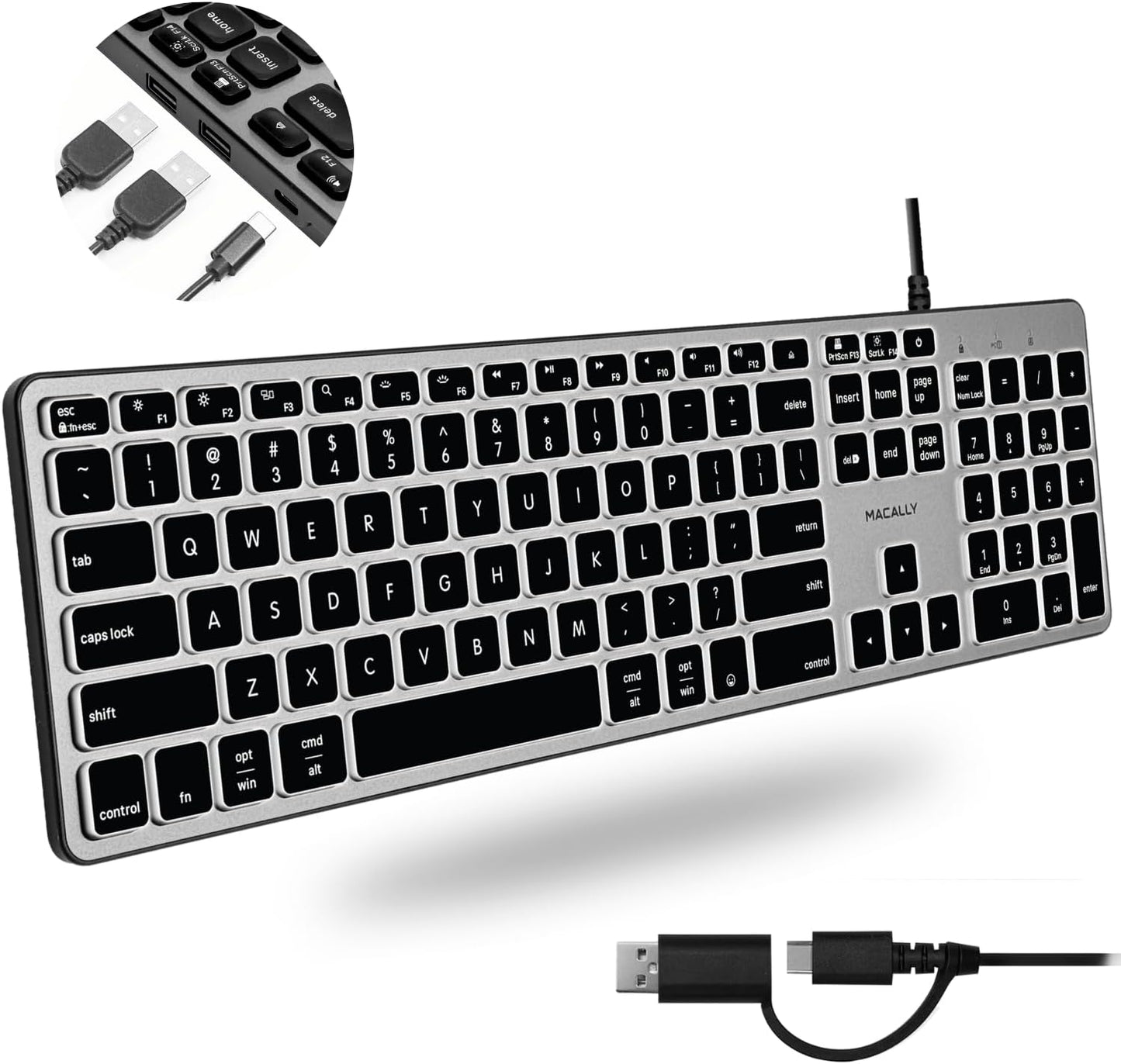 Macally Wired Keyboard with USB Hub - Dual Interface, Backlit, Auto OS Detection