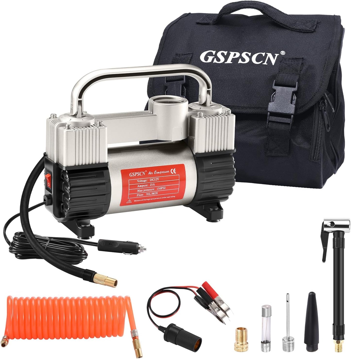 150 PSI Dual Cylinder Tire Inflator by GSPSCN - Powerful Portable Pump!