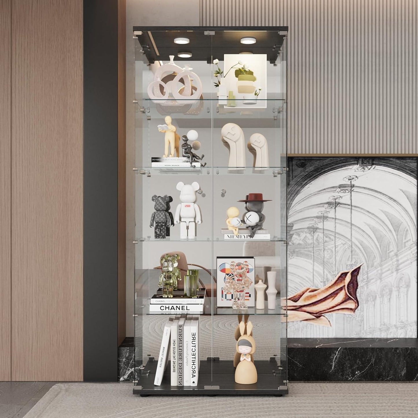 Glass Display Cabinet with LED Light and Mirror for Showcase