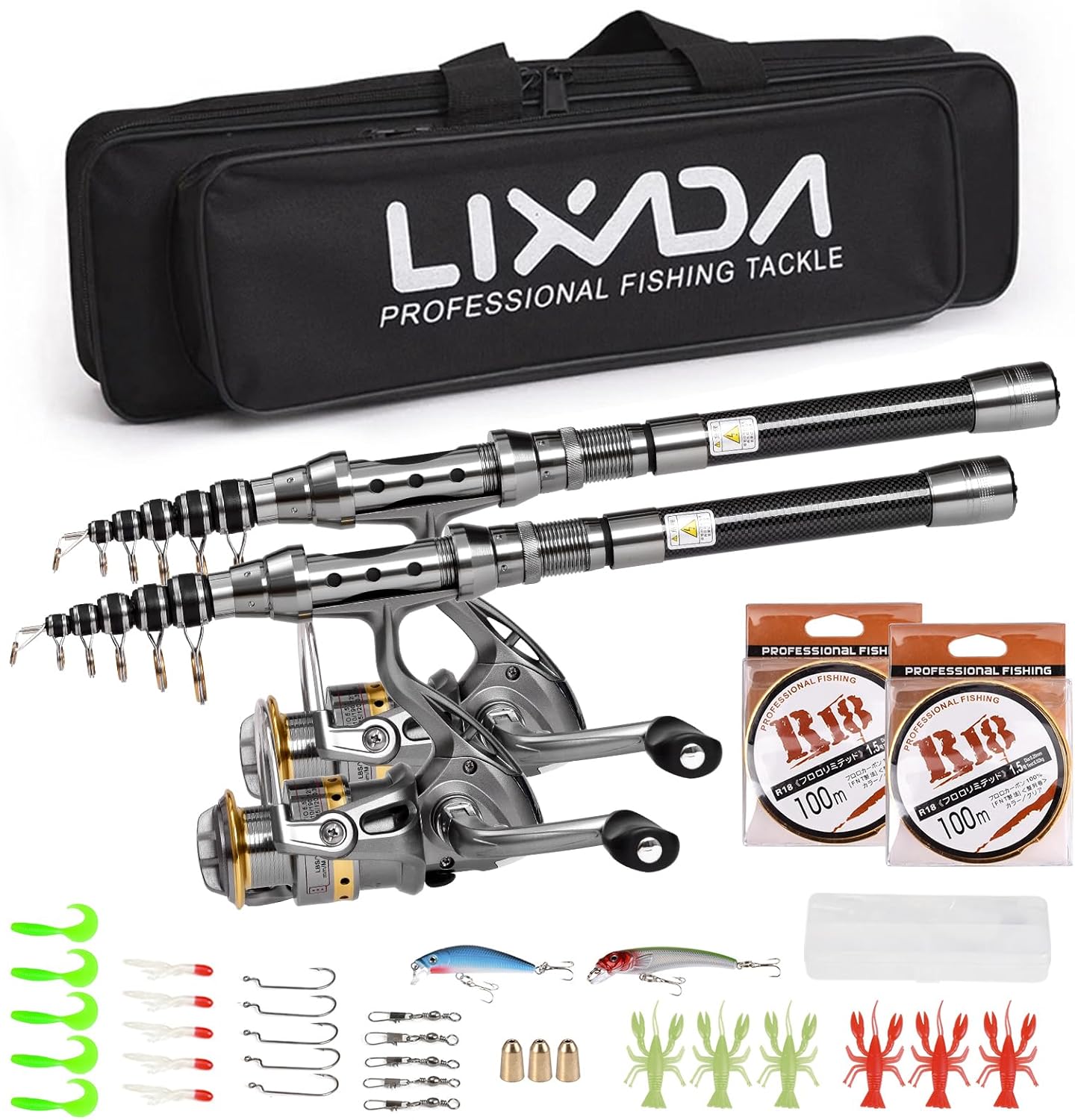 Lixada Telescopic Fishing Combo Set: Carbon Fiber Rods, Spinning Reels, Hooks & Lures