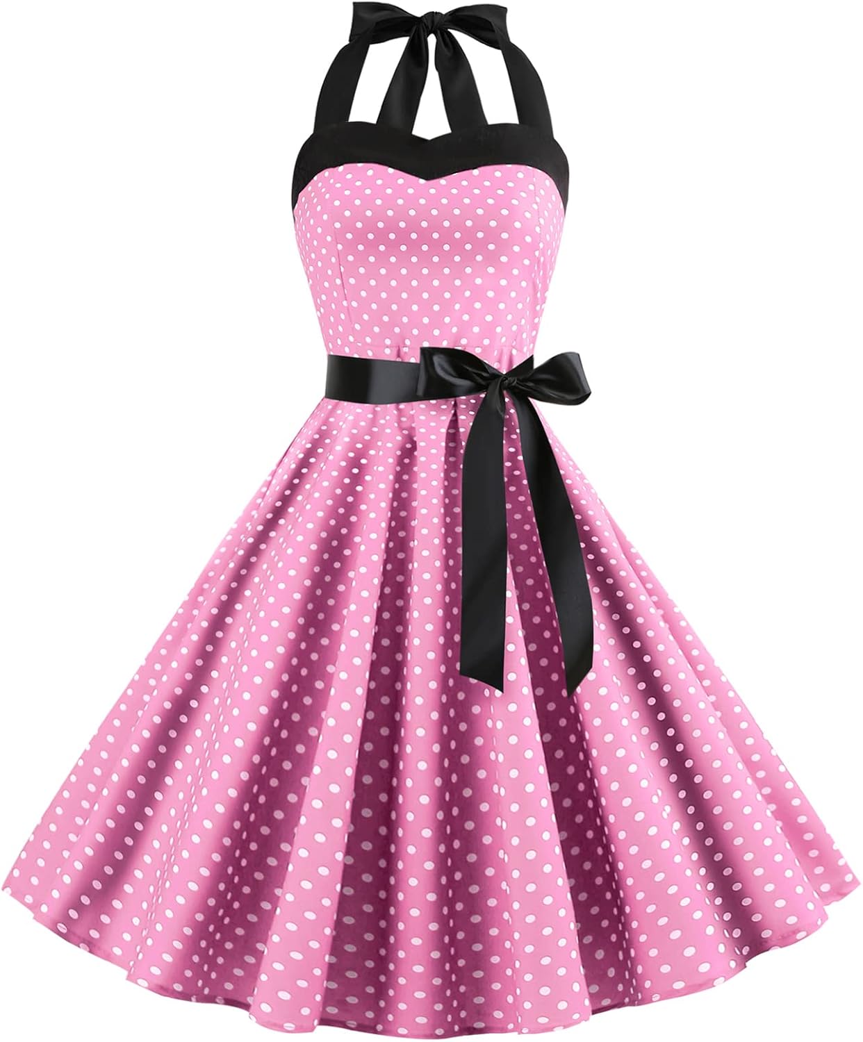 Vintage 50s Polka Dot Halter Cocktail Swing Dress for Women