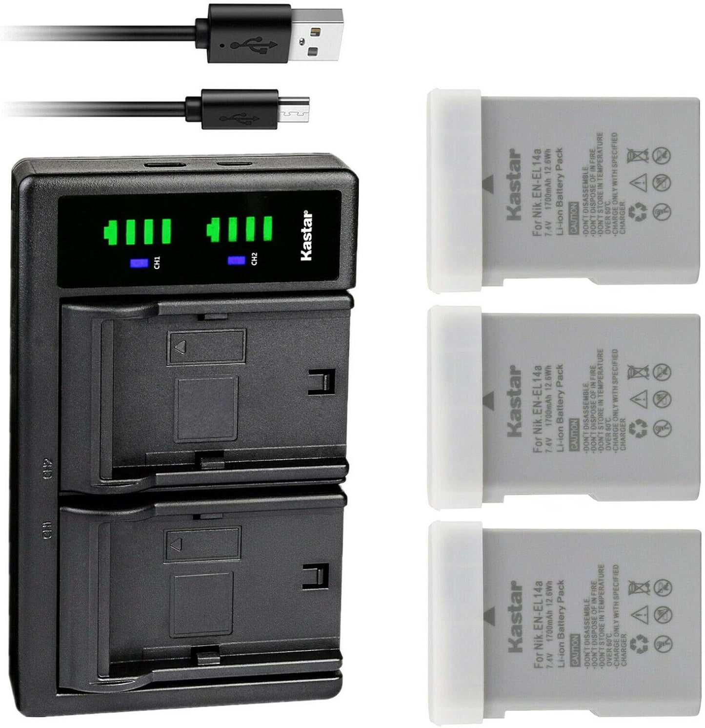 Kastar 3-Pack EN-EL14a Battery and USB Charger for Nikon Cameras
