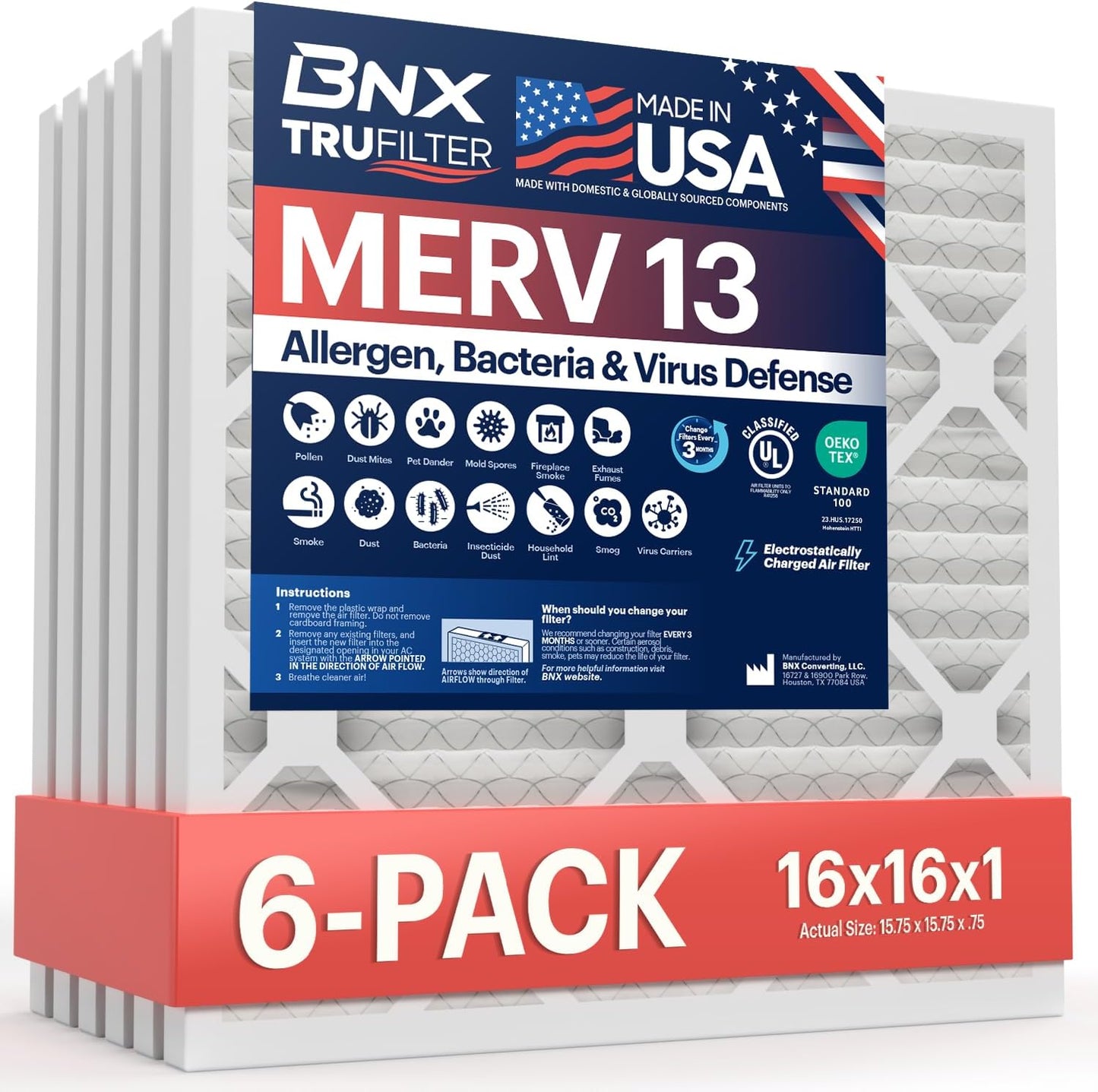 BNX TruFilter 16x16x1 MERV 13 Air Filter for Cleaner Air