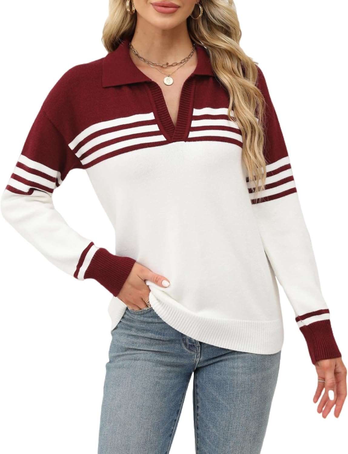 CiCiBird Women Fall V Neck Sweater Color Block Casual Pullover