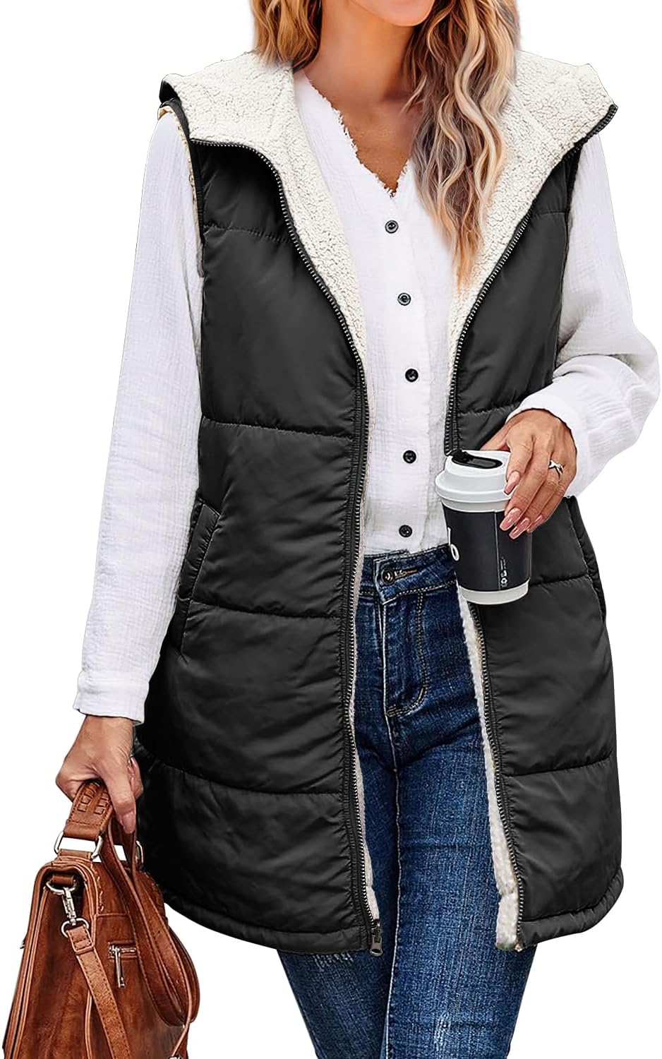 XIEERDUO Long Puffer Vest for Women - Reversible Warm Outerwear