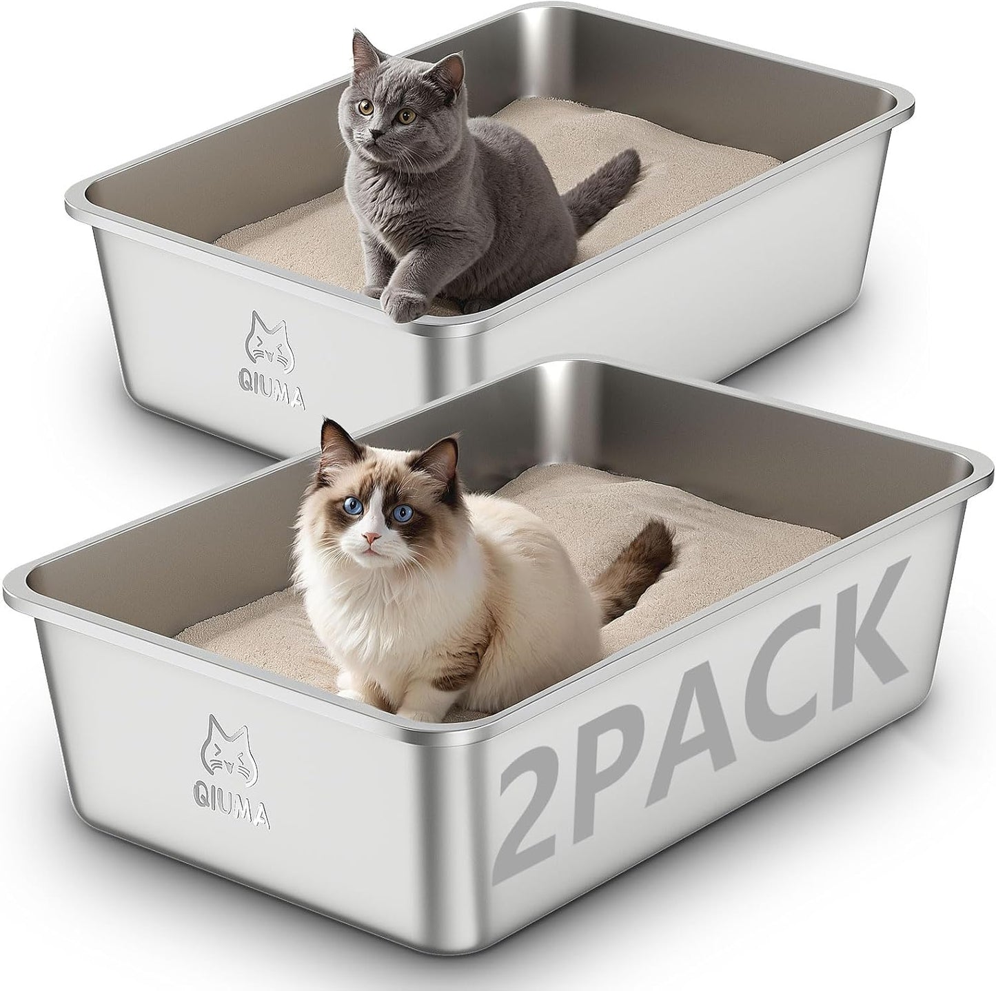 Spacious 2 Pack Stainless Steel Cat Litter Box for Big Cats