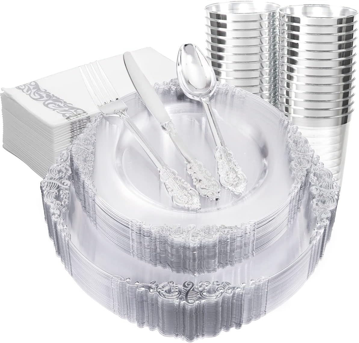 175PCS Clear Silver Plastic Plates for Elegant Parties & Events