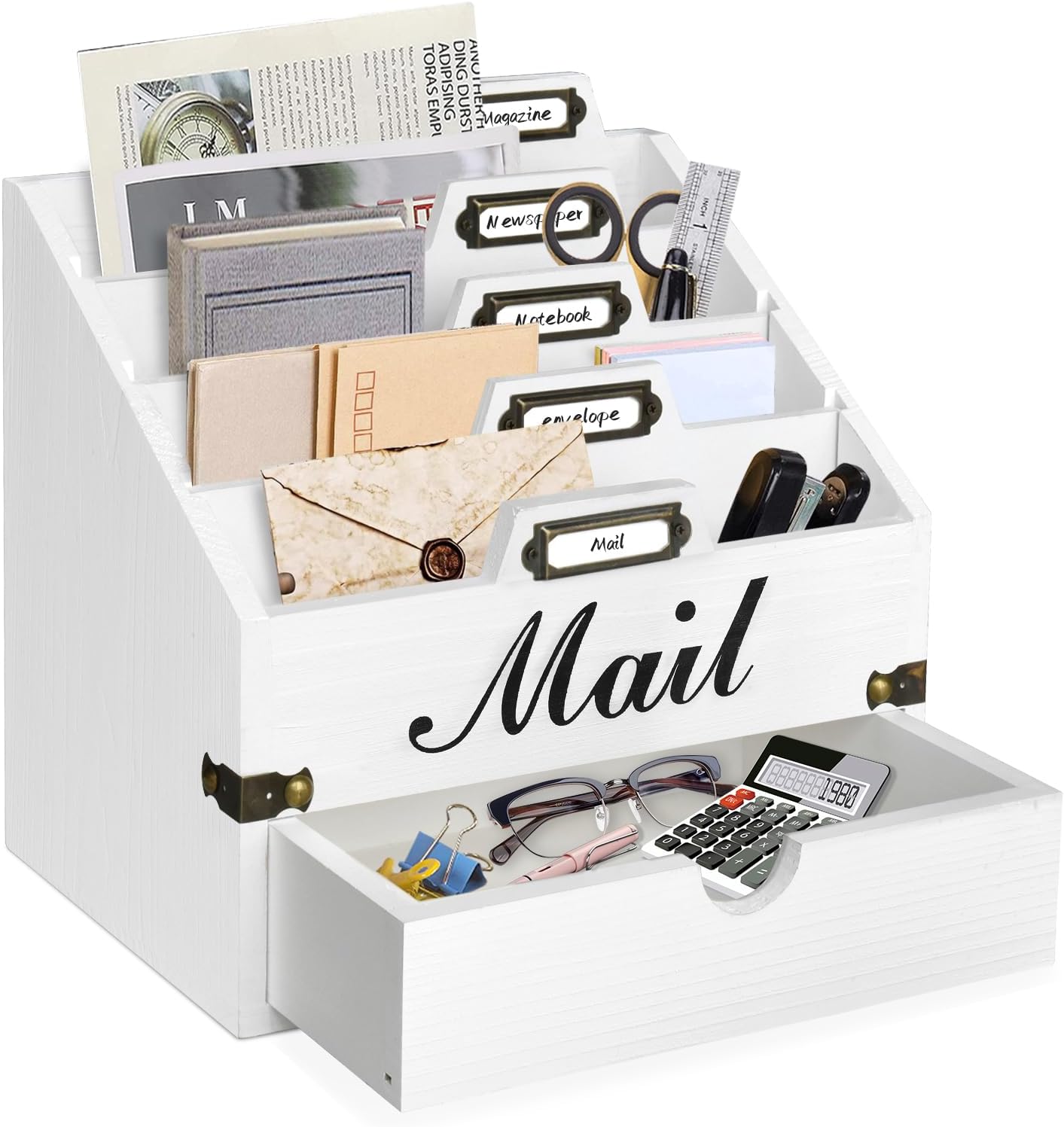 VOOTTOU Wood Mail Organizer with 4 Compartments & Drawer