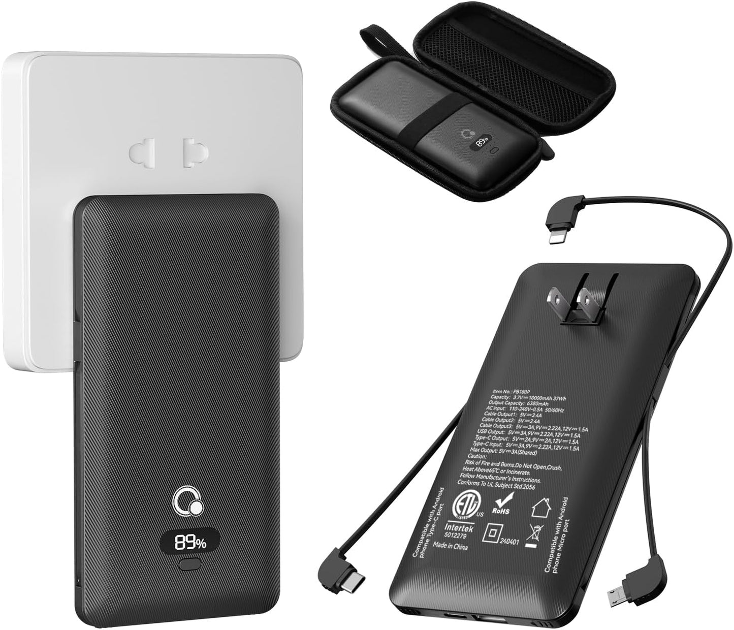 Fast Charge Anywhere: 10000mAh Power Bank with Built-in Cables by Brand Q