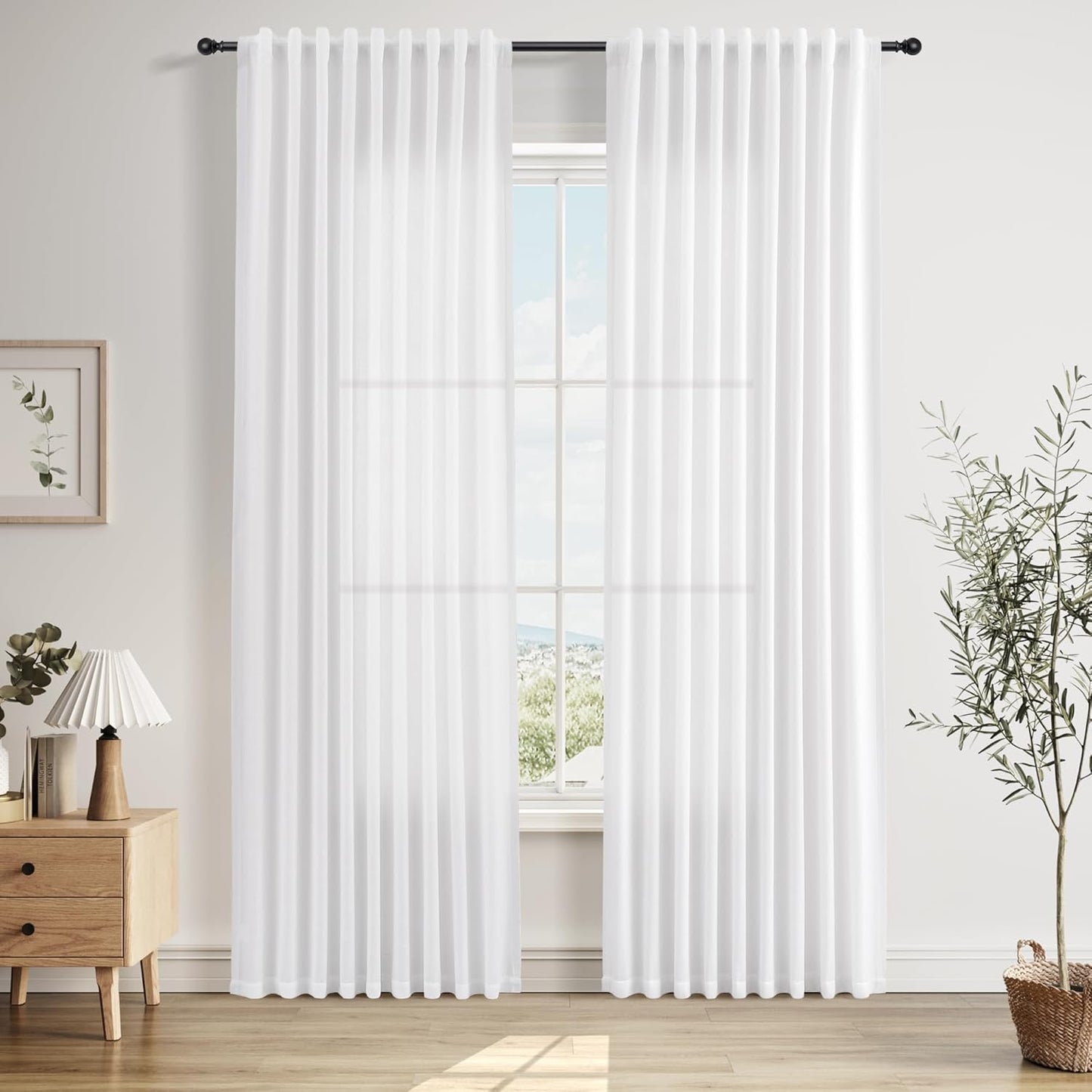 Nanspring White Back Tab Linen Curtains 84 Inches Long