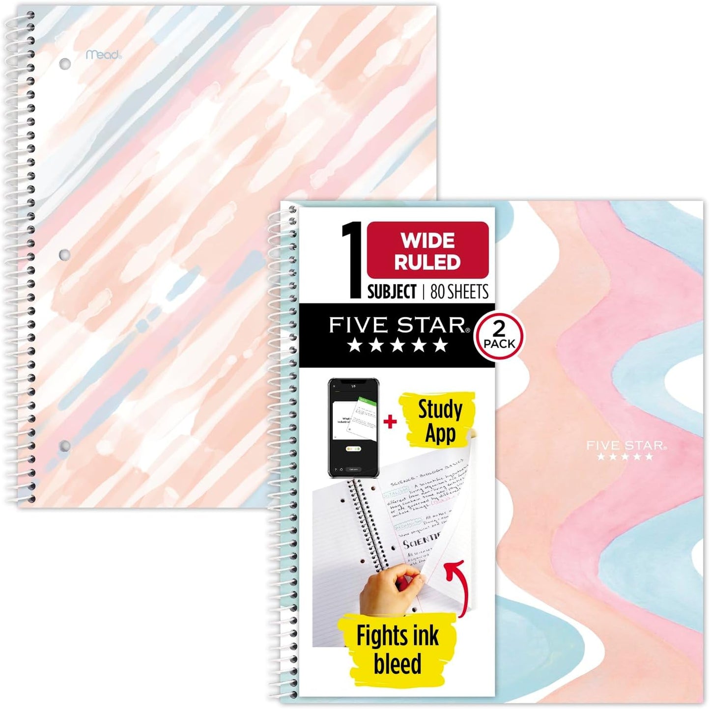 5 Star Spiral Notebooks 2 Pack: Wide Ruled Paper, Study App Included