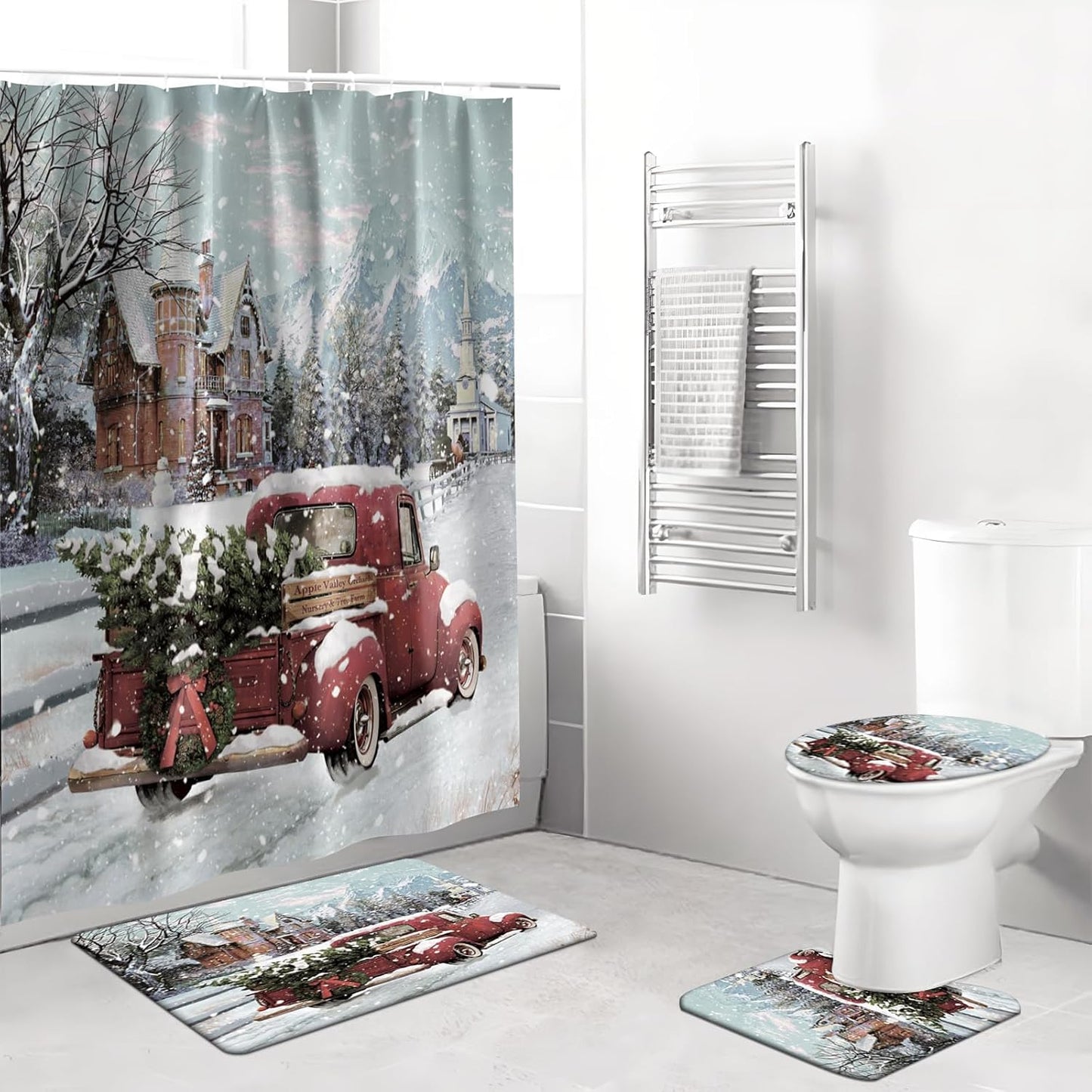 Farmhouse Red Truck Christmas Bathroom Set - 4pcs