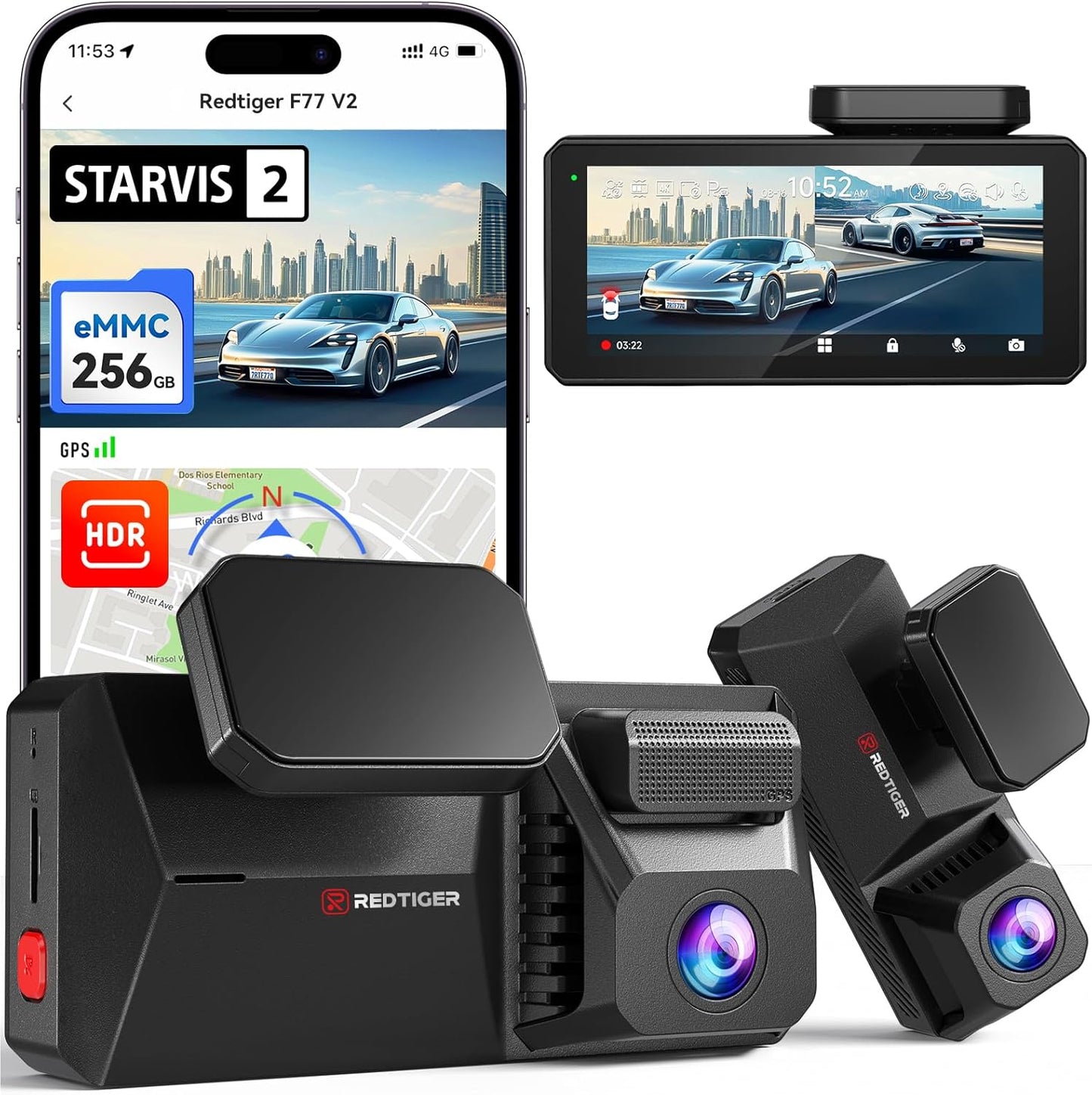 REDTIGER Dual 4K Dash Cam with 256GB eMMC - Enhanced Night Vision