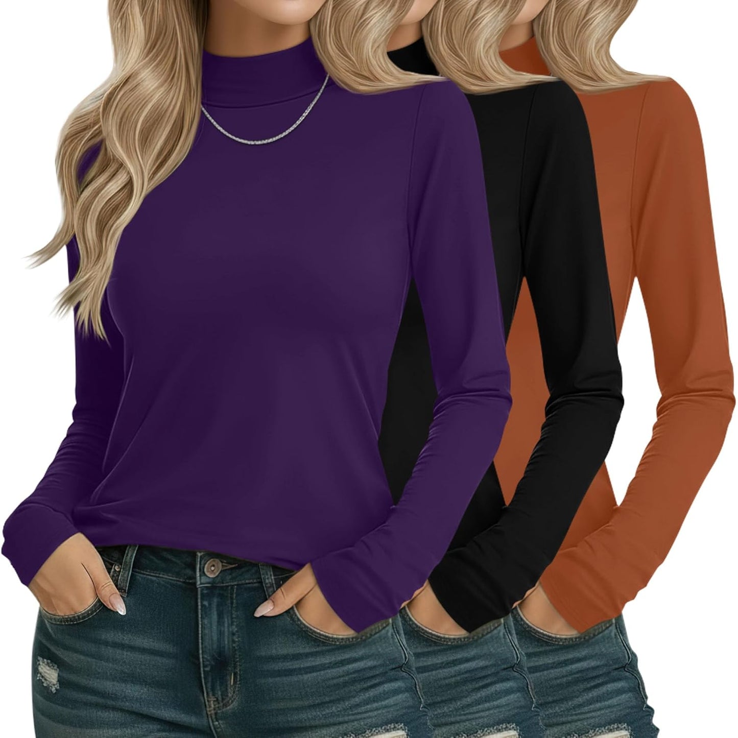 3 Pack Cotton Women's Mock Turtleneck Shirts for Casual Style