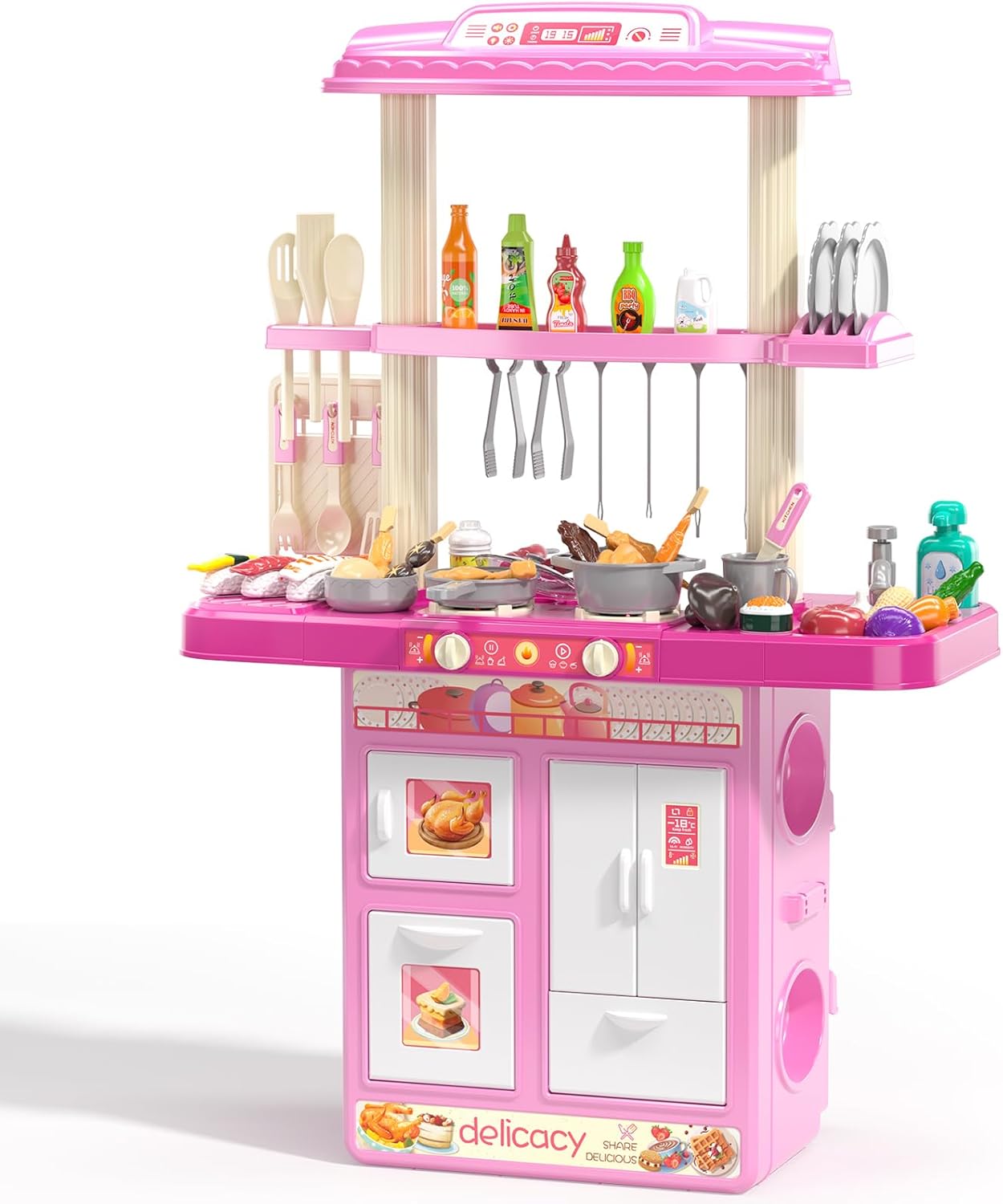 TEMI 2-in-1 Kitchen & Grill Playset | 60Pc Toy Set, Real Sounds