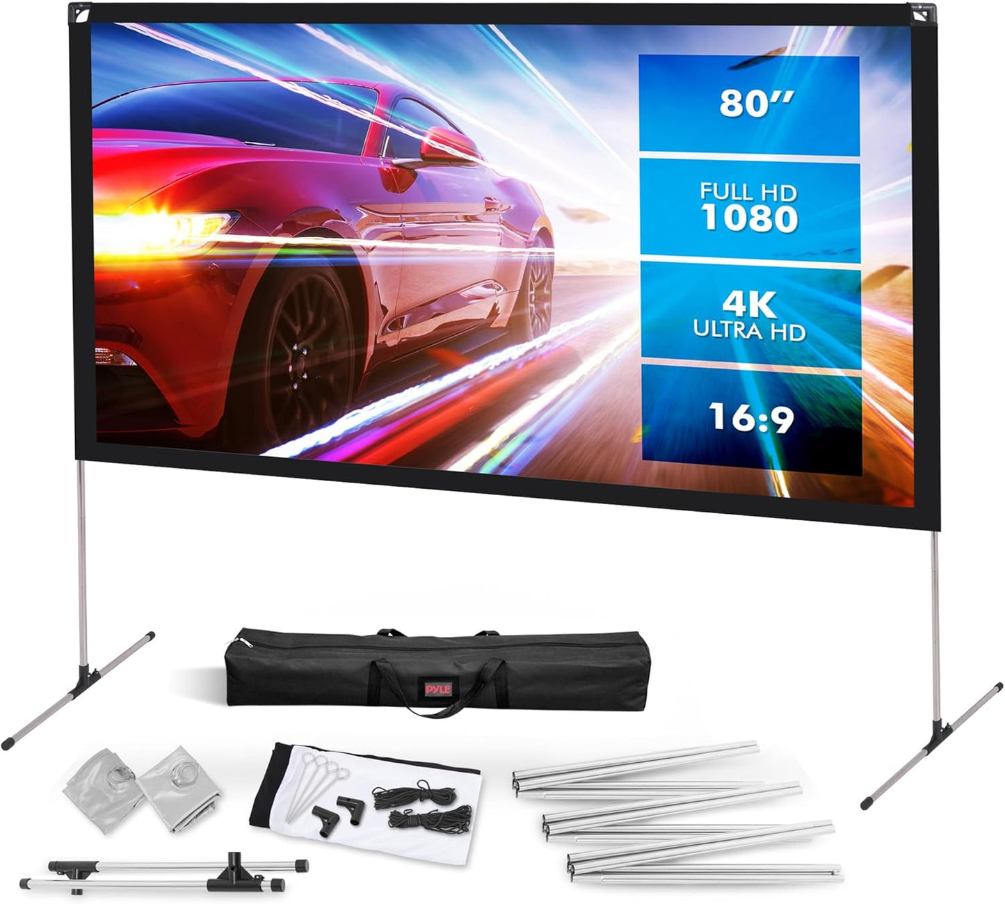 Pyle Projector Screen with Stand - 80in 16:9 HD 4K Portable