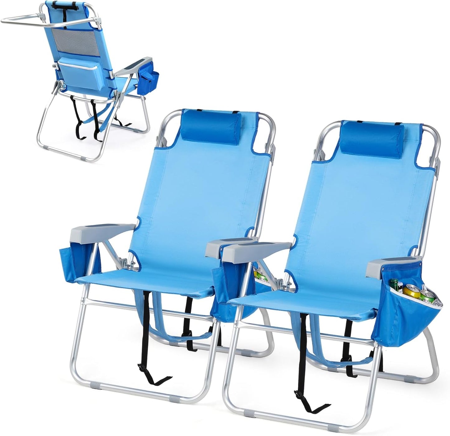VINGLI Tall Beach Chair 2 Pack with Adjustable Backrest and More
