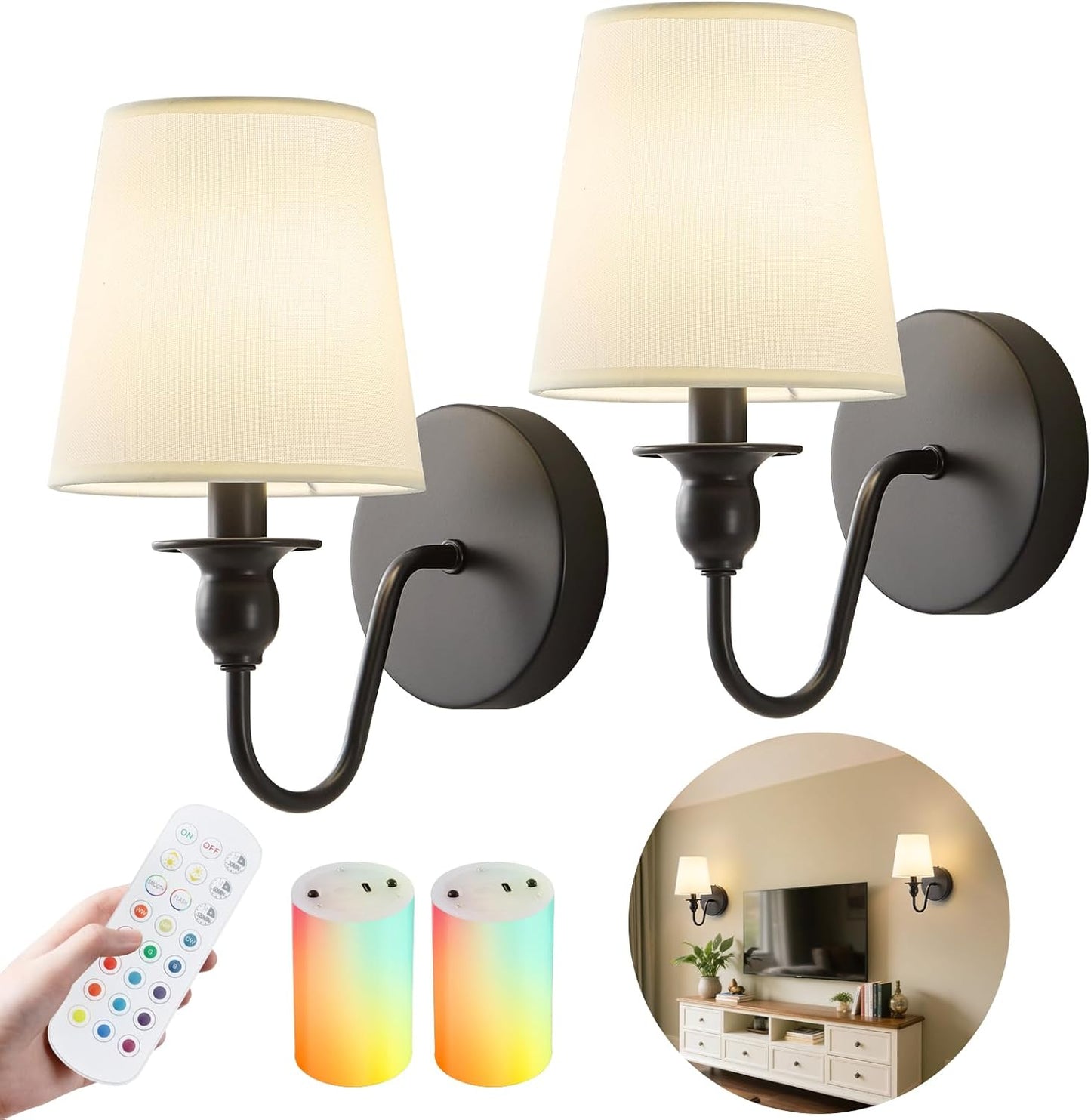Battery Operated Wall Sconce Set of 2 with Remote Control
