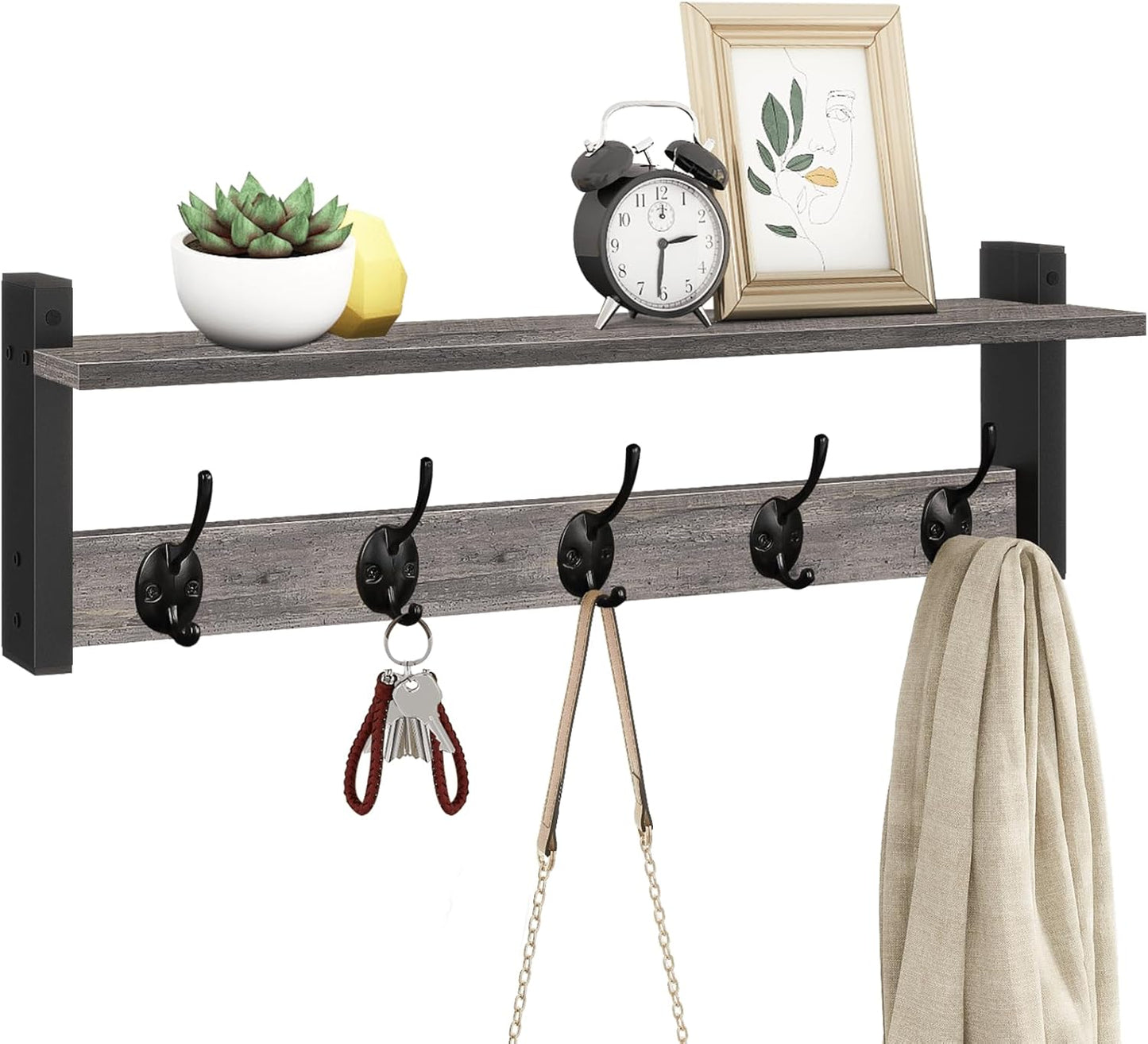 Stylish 24 Inch Coat Rack Wall Mount with Floating Shelf