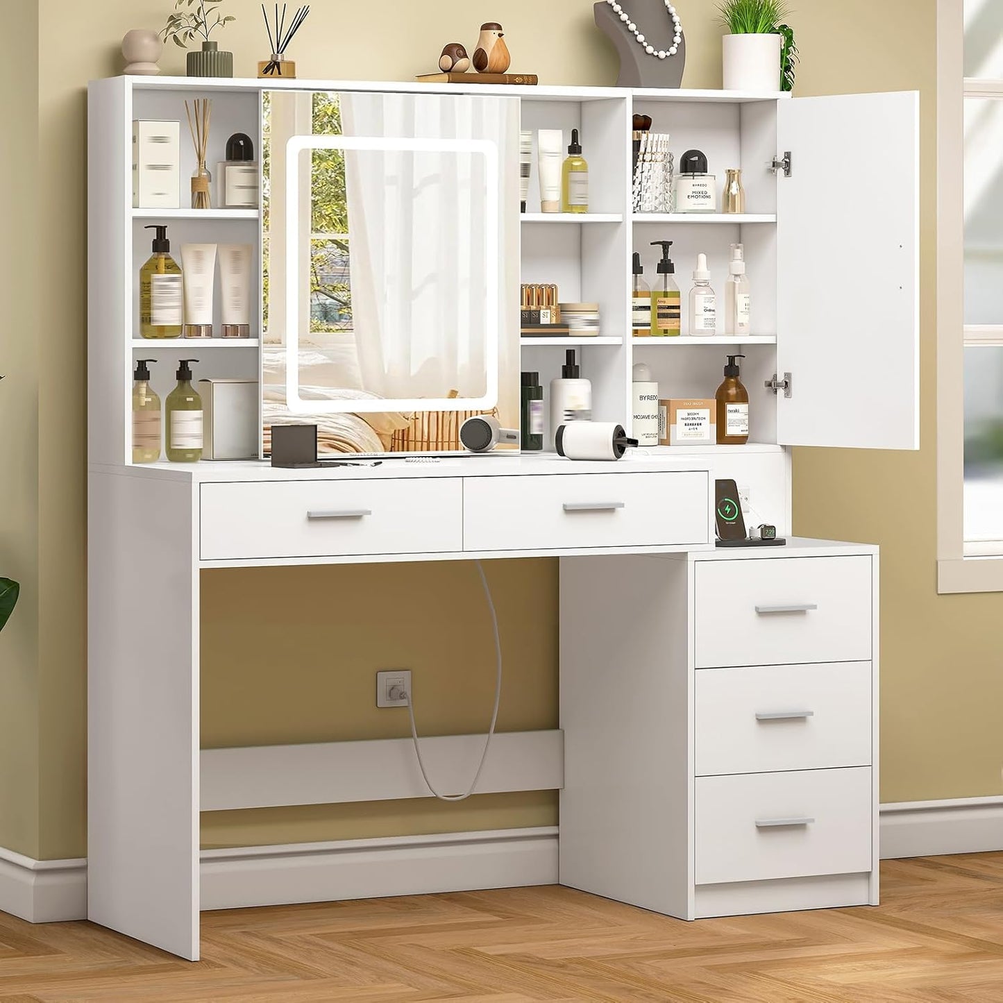Quimoo 47 Vanity Desk w/ Lighted Mirror & Power Outlet