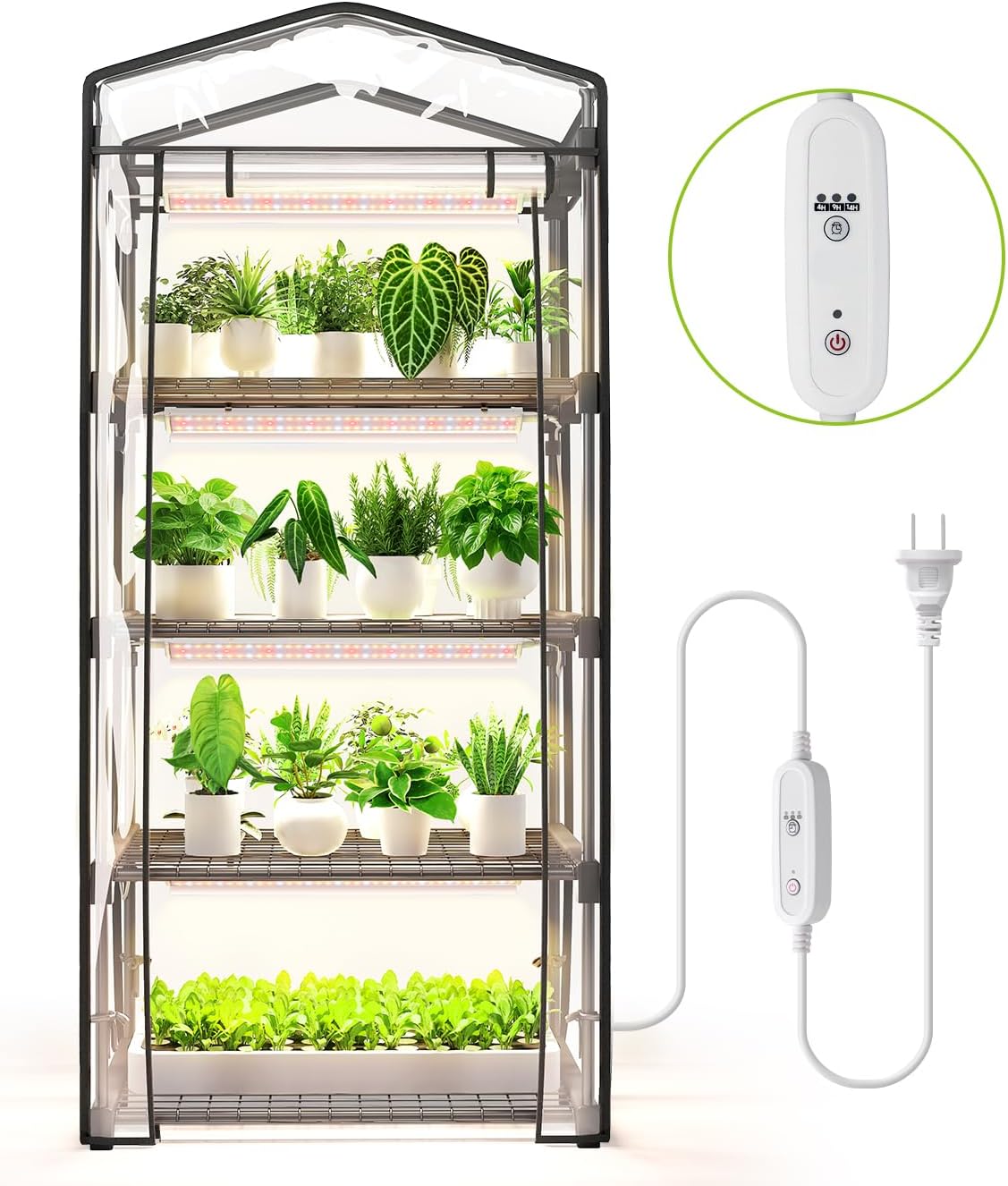 Mini Indoor Greenhouse with Grow Light - 4 Tier Portable Shelves