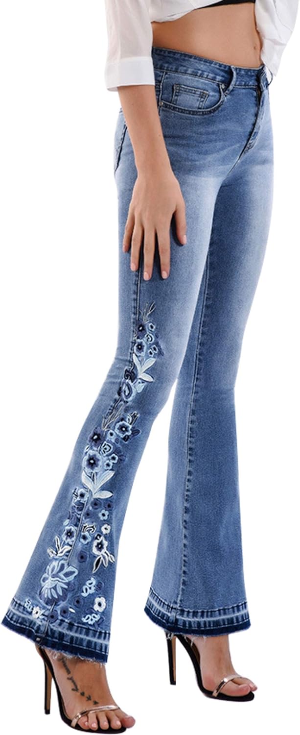 Chic Floral Embroidered High-Rise Bell Bottom Jeans for Women