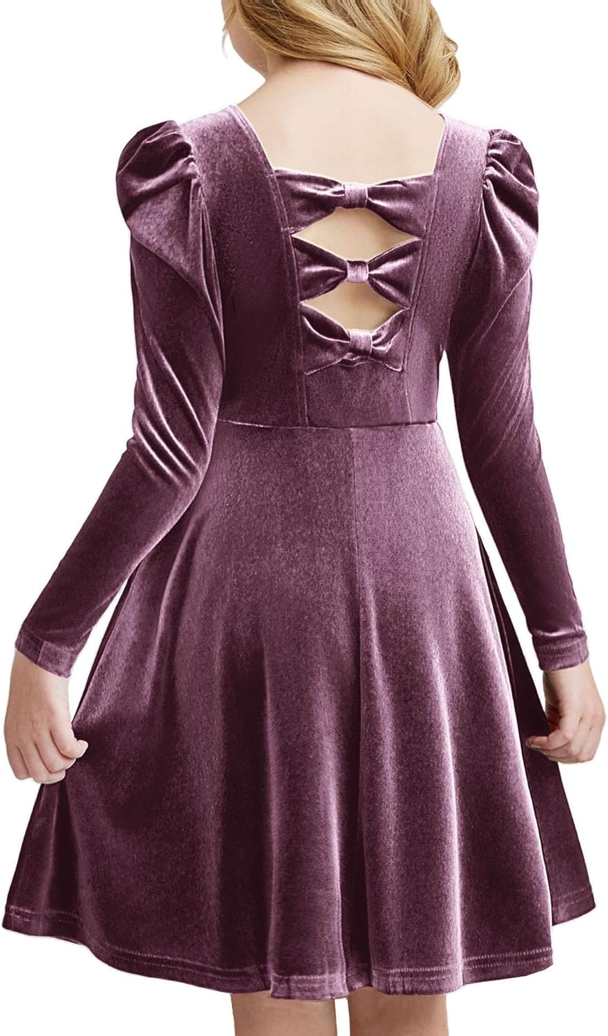 Arshiner Girls Long Sleeve Velvet Dress with Bow Back Design