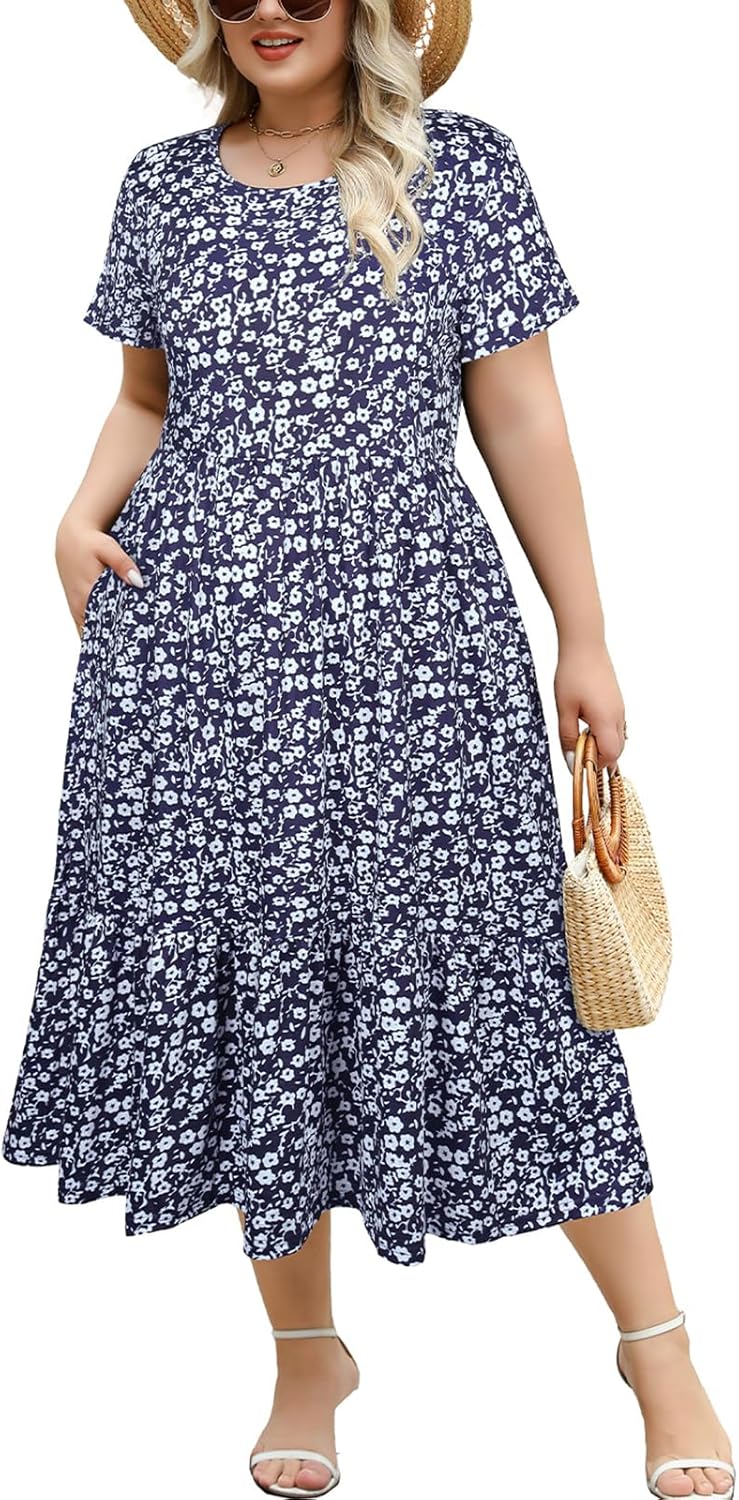 Plus Size Midi Casual Dress with Pockets for Women 1X-4X