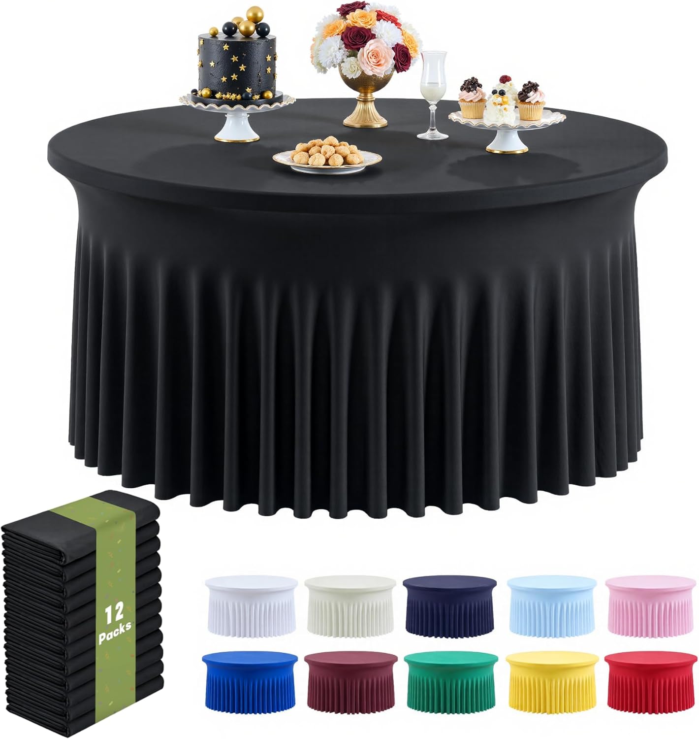 Elegant 12 Pack Black 72in Round Spandex Tablecloths for Events