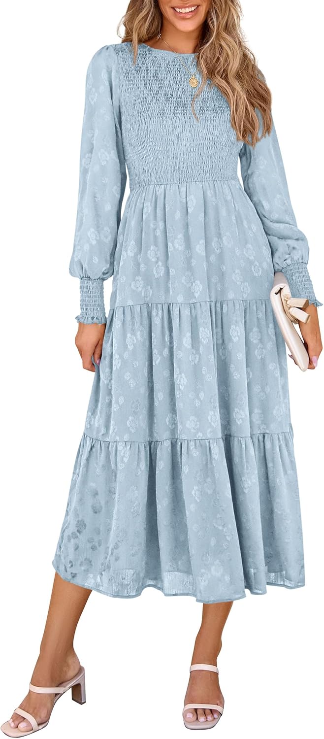 PRETTYGARDEN Women's Long Sleeve Floral Midi Dress with Pockets