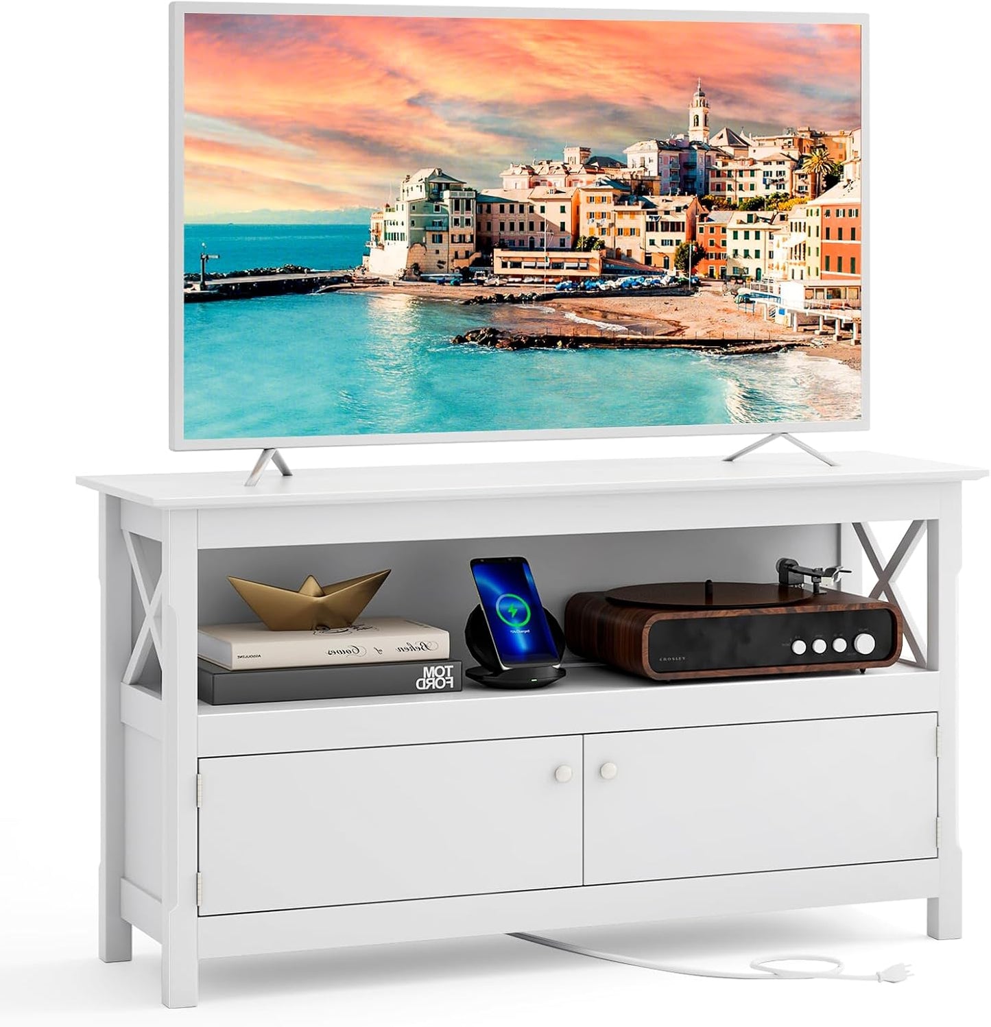 Tangkula Farmhouse TV Stand with Charging & Storage