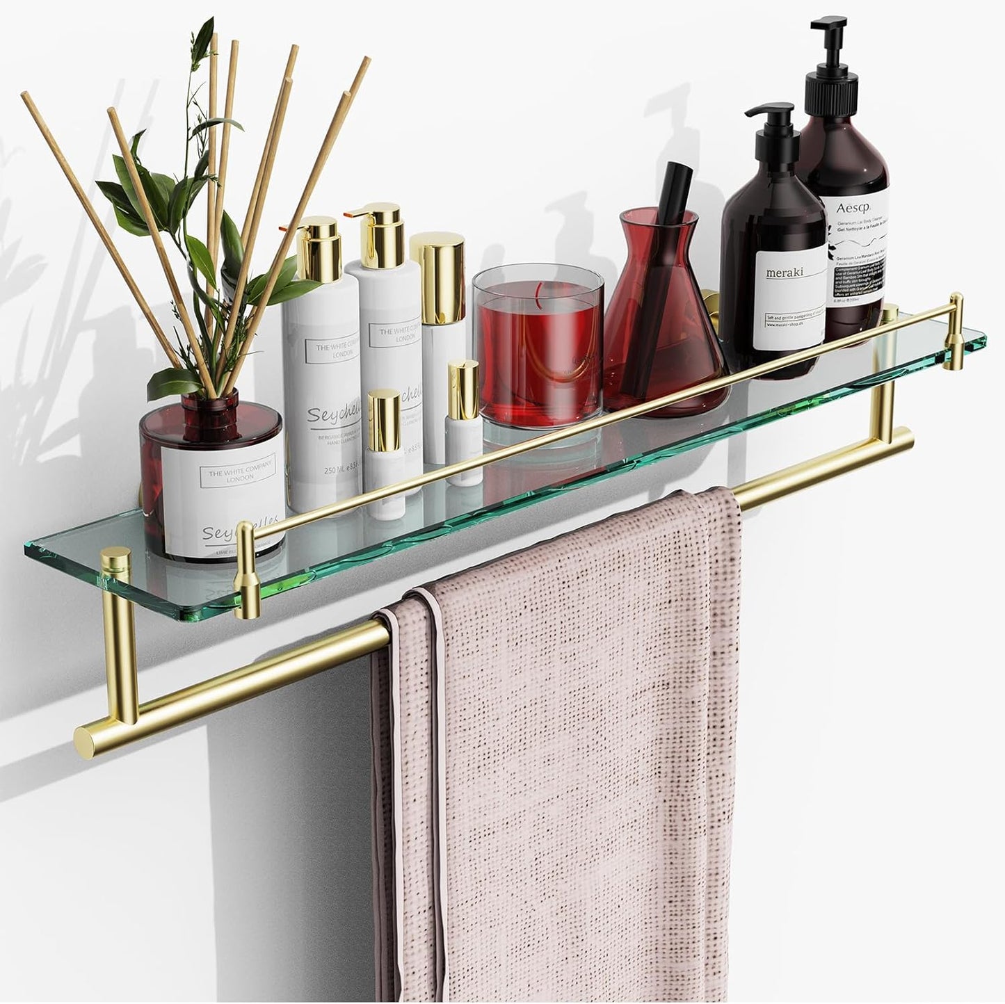 24-Inch Floating Tempered Glass Bathroom Shelf with Towel Bar