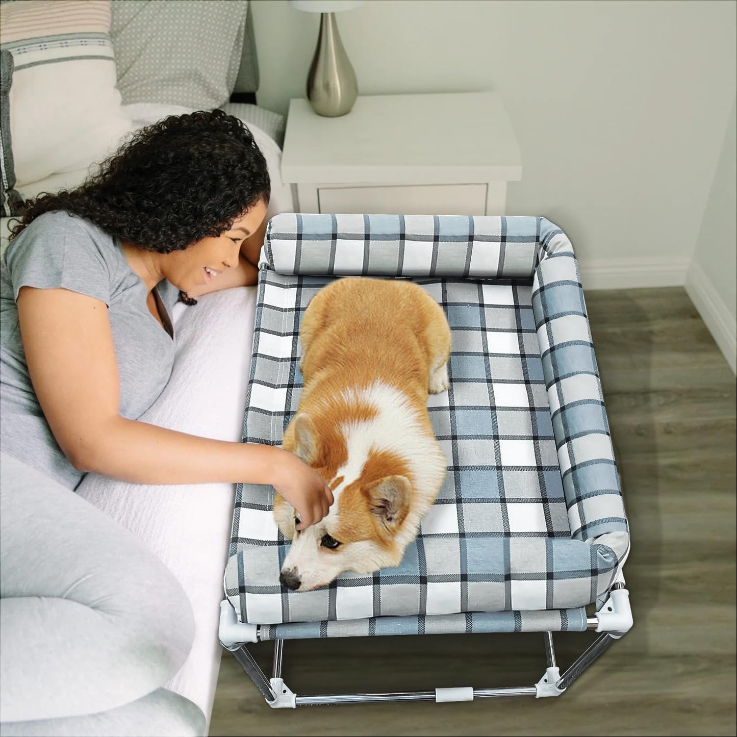 Bedside Cosleeper Pet Dog Bed with U-Shaped Pillow Design