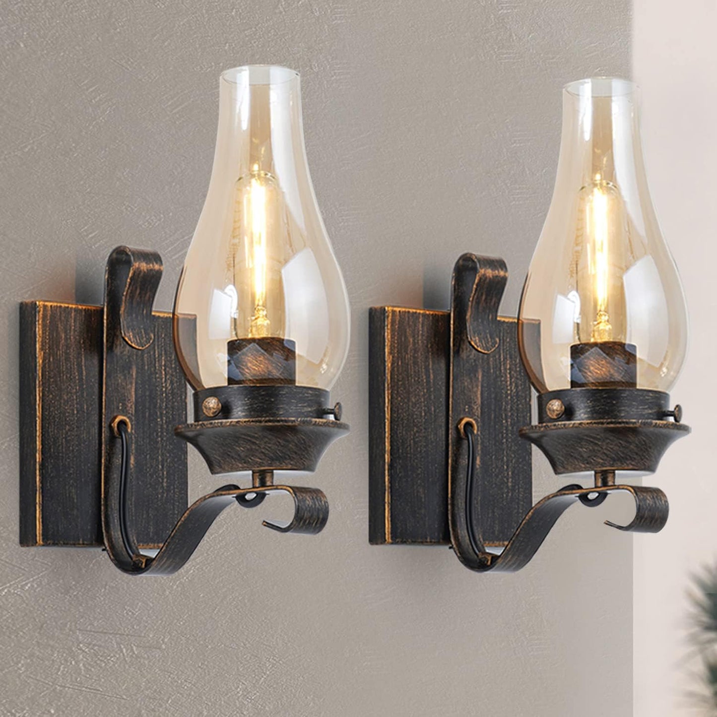 Retro Rustic Wall Sconces Set of 2 with Amber Glass Design
